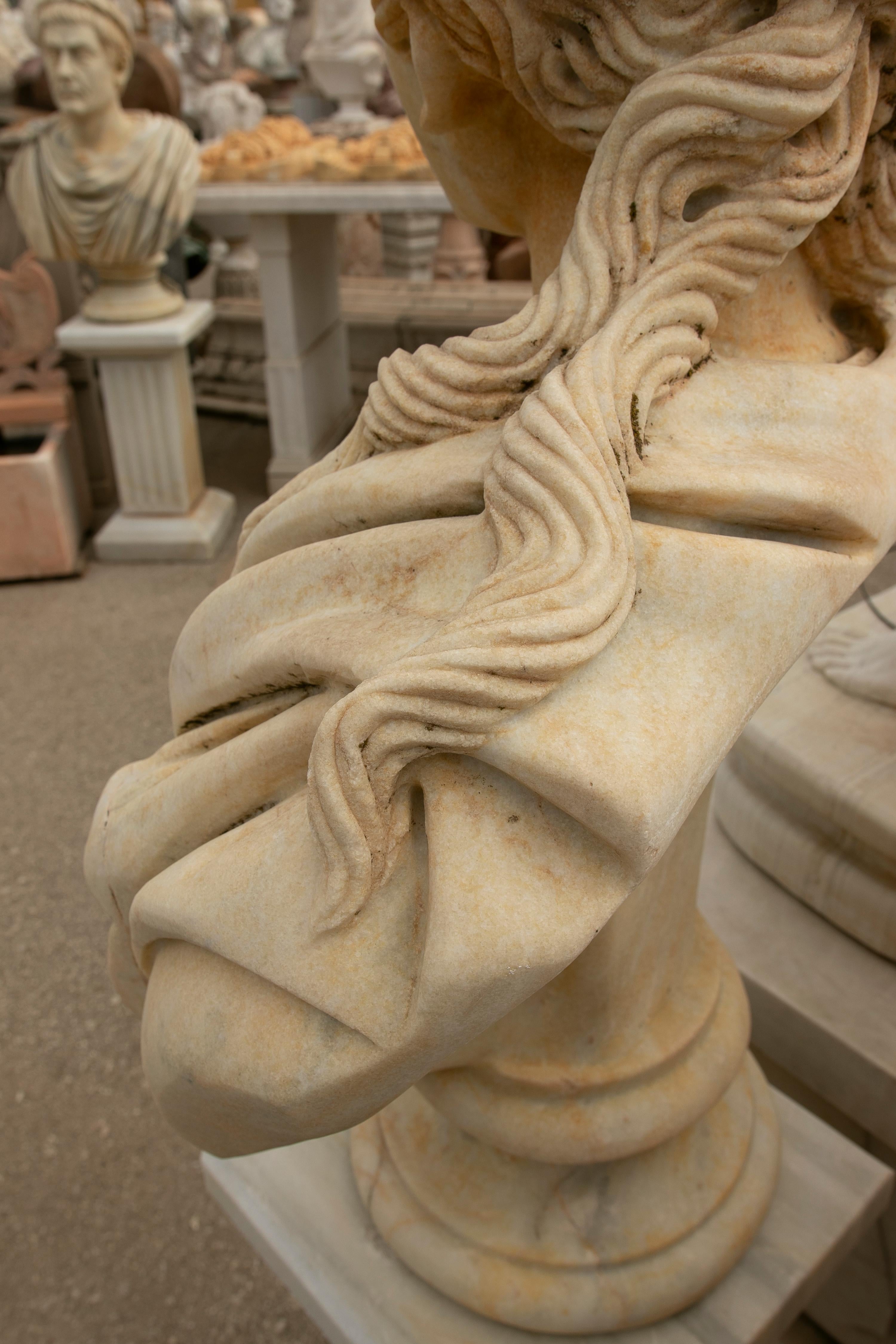 1990s Spanish Hand Carved Aged Macael White Marble Bust of Roman Woman w/ Stola For Sale 6