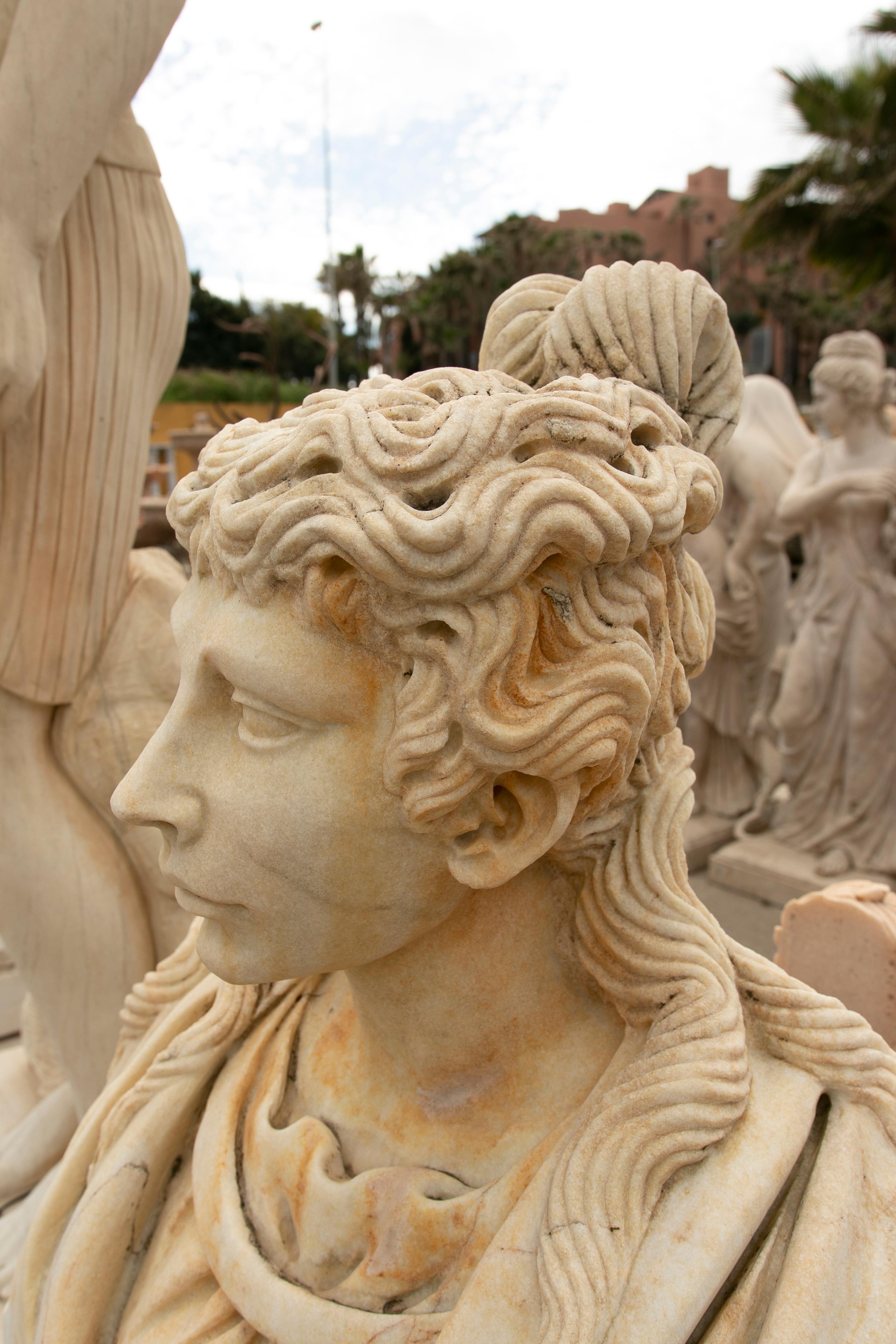 1990s Spanish Hand Carved Aged Macael White Marble Bust of Roman Woman w/ Stola For Sale 9