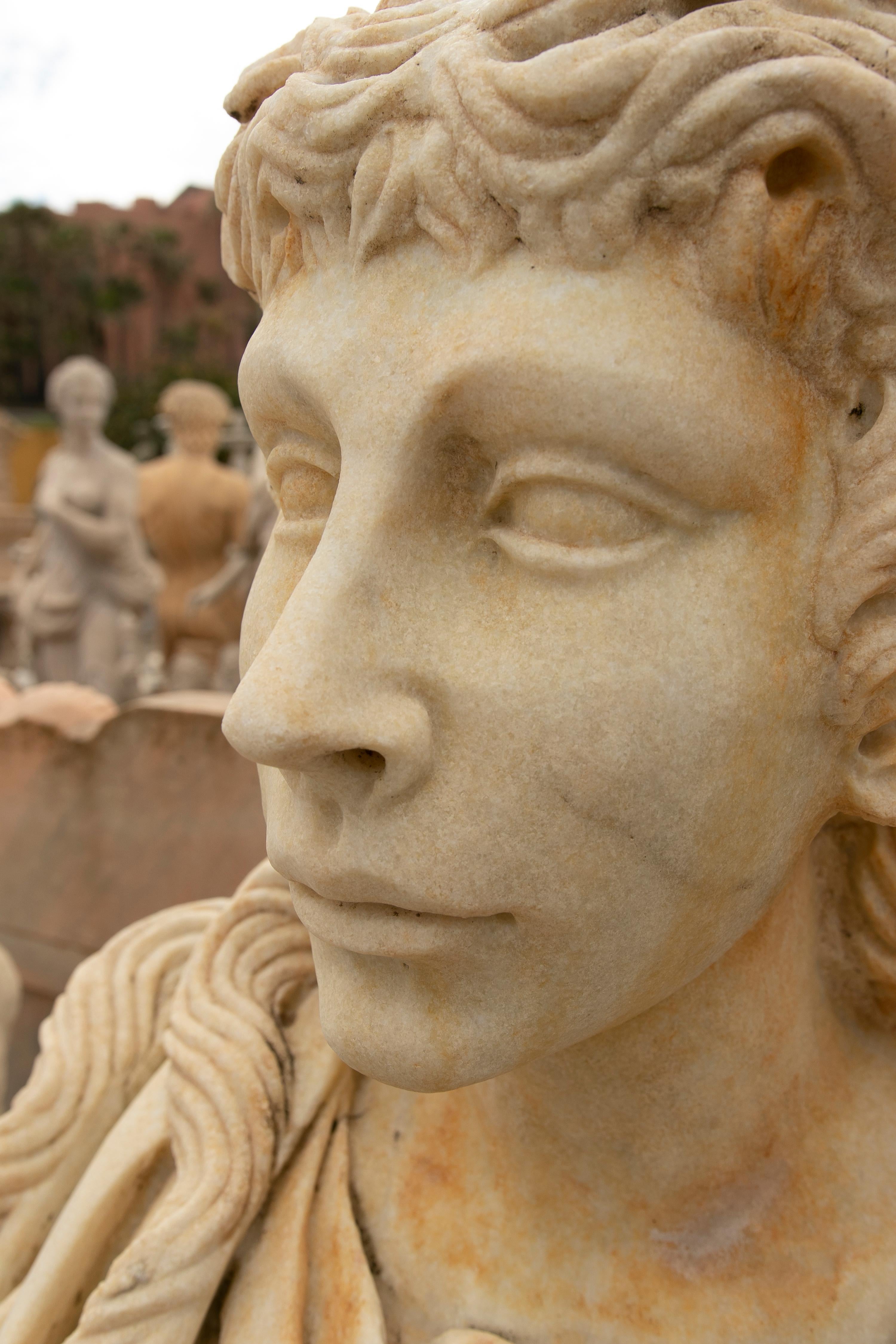 1990s Spanish Hand Carved Aged Macael White Marble Bust of Roman Woman w/ Stola For Sale 10