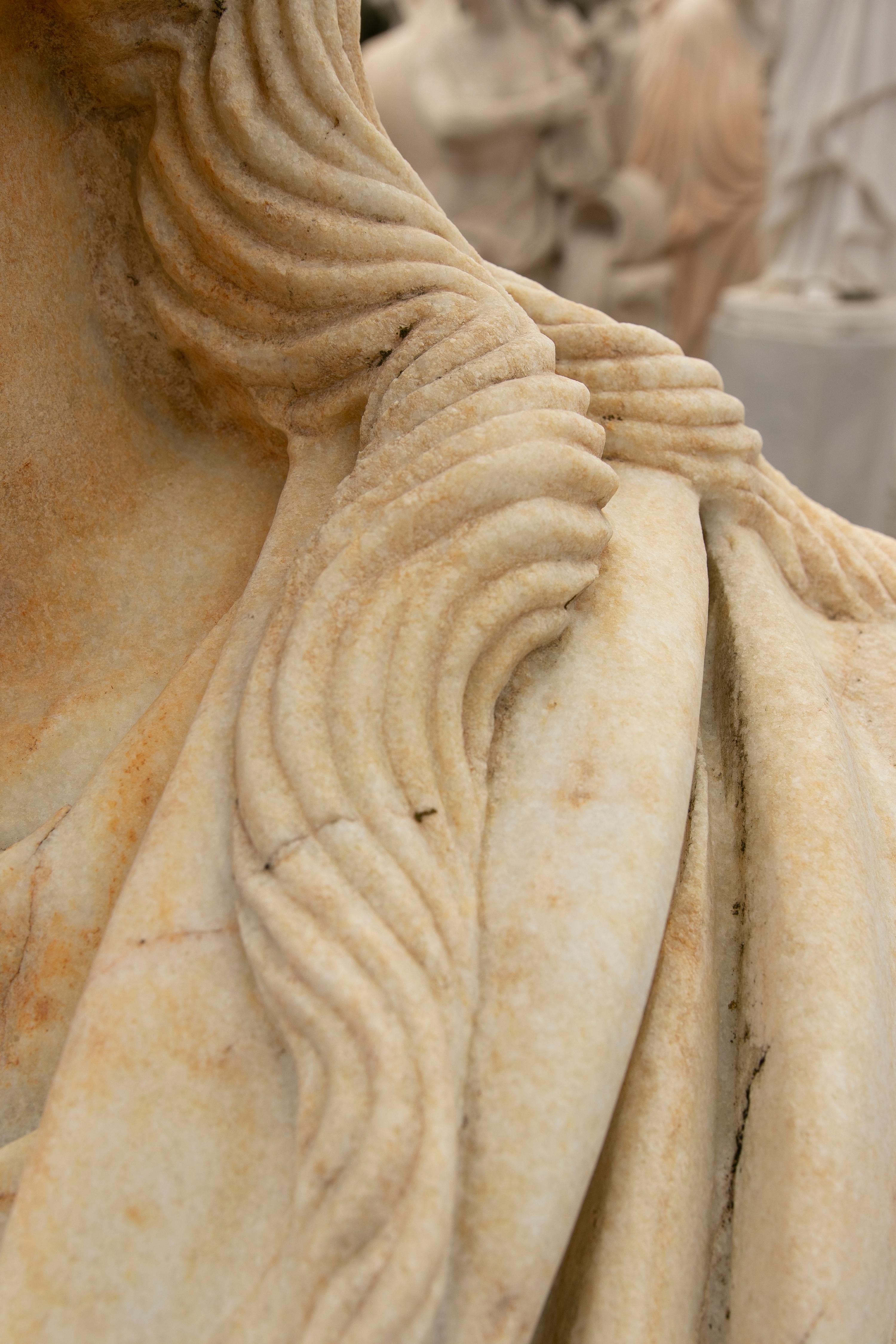 1990s Spanish Hand Carved Aged Macael White Marble Bust of Roman Woman w/ Stola For Sale 14