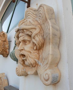 1990s Spanish Hand Carved Aged Macael White Marble Mascaron of Roman Male Medusa