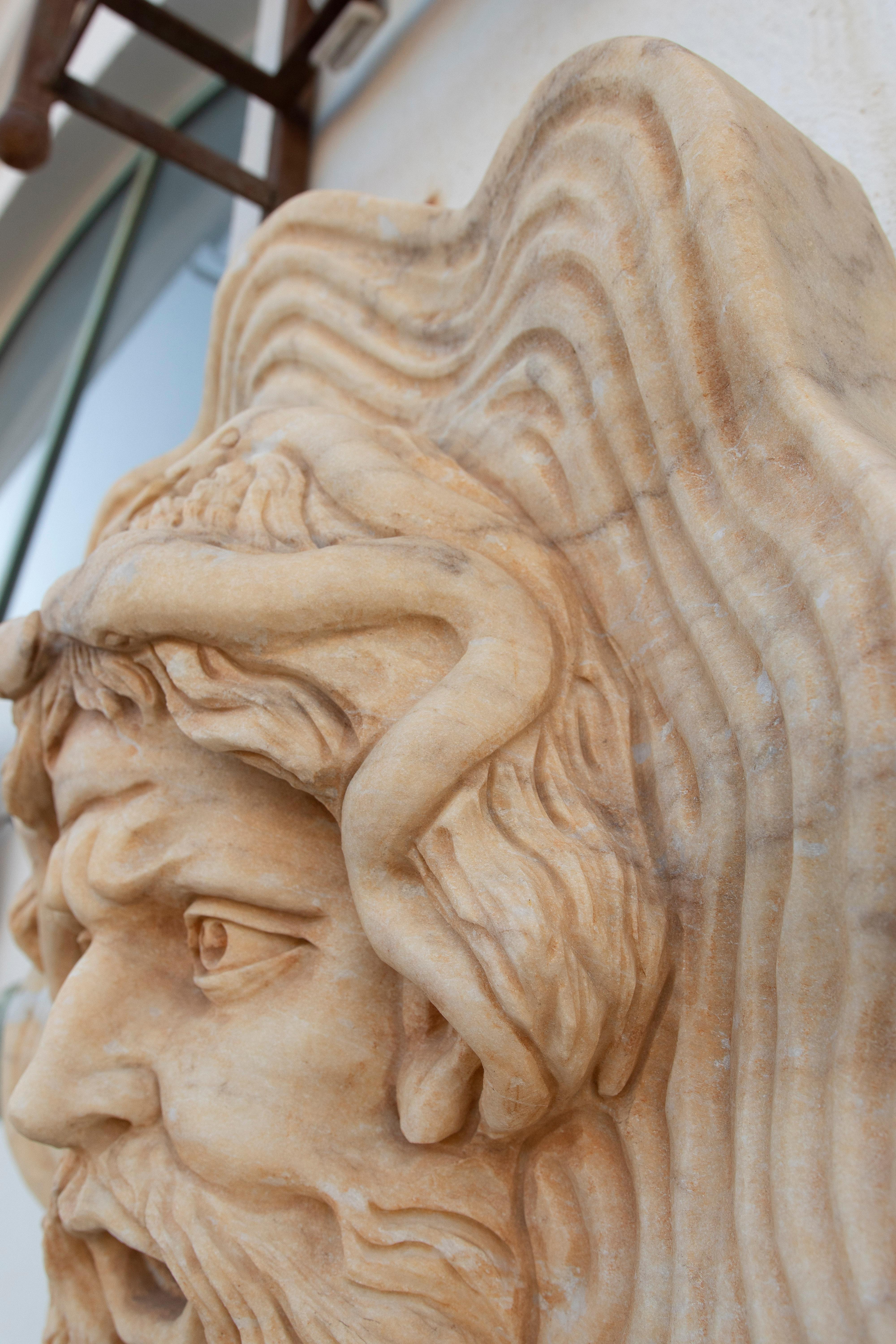 Late 20th Century 1990s Spanish Hand Carved Aged Macael White Marble Mascaron of Roman Male Medusa For Sale