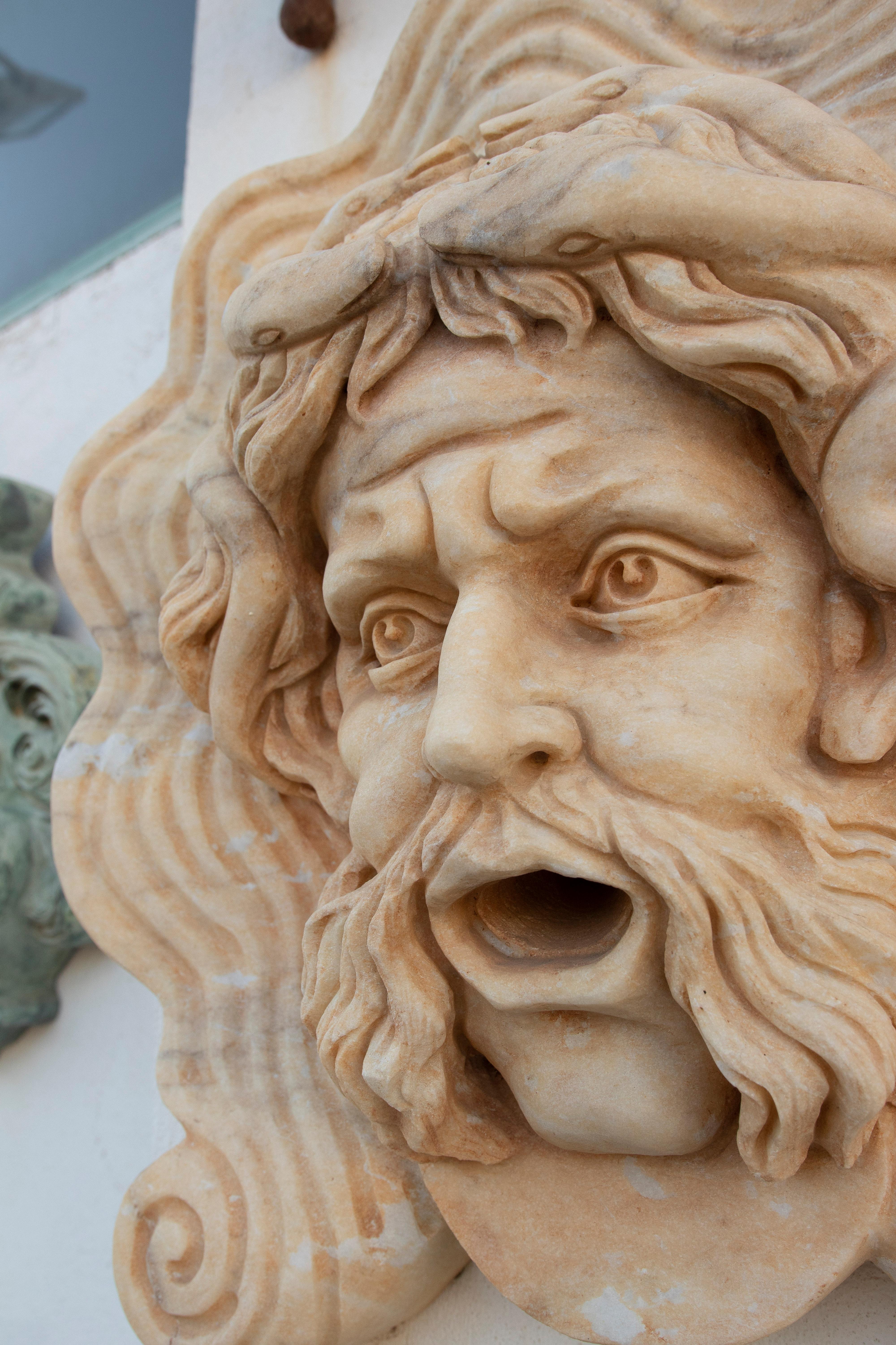 1990s Spanish Hand Carved Aged Macael White Marble Mascaron of Roman Male Medusa For Sale 1