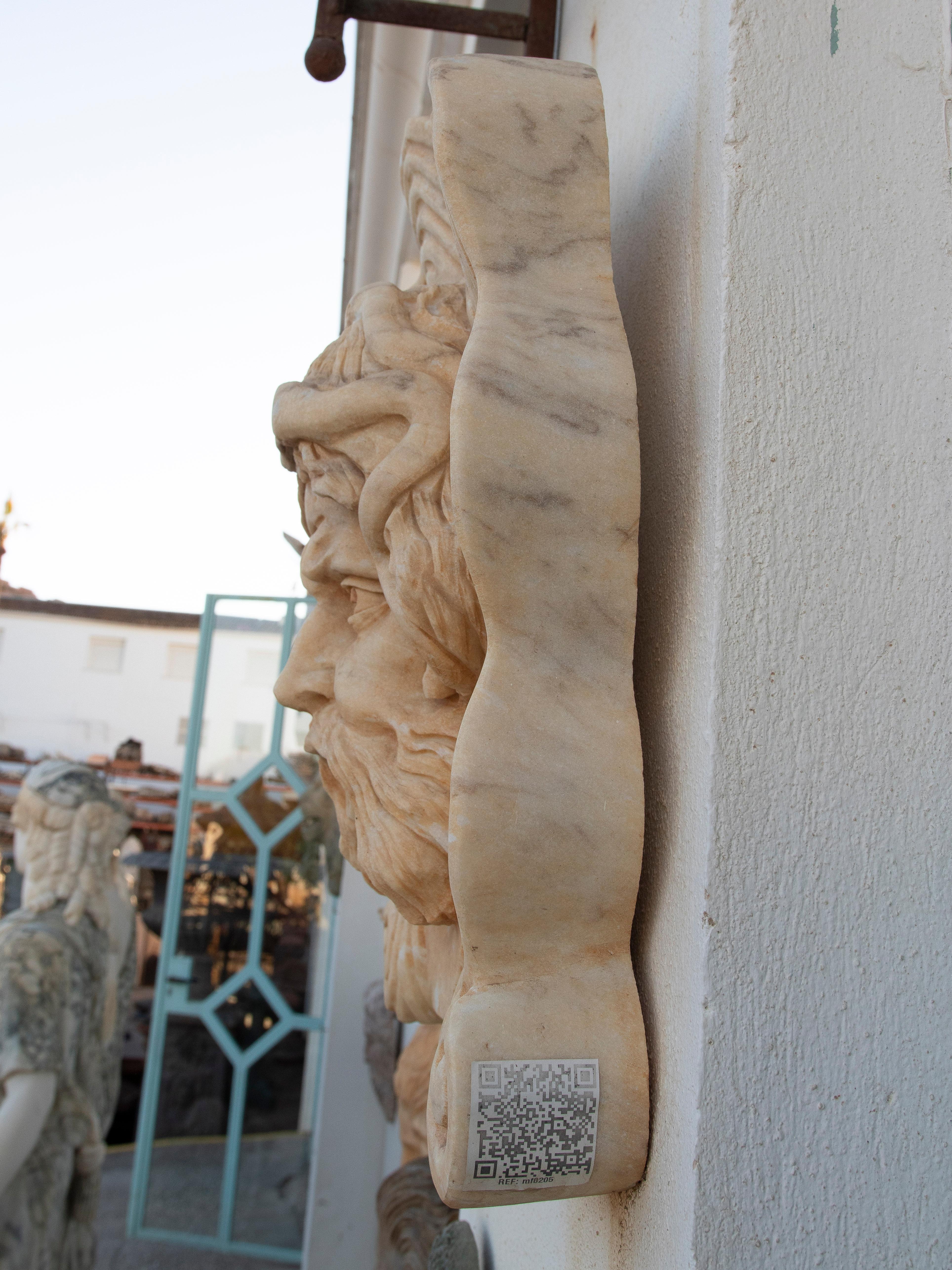 1990s Spanish Hand Carved Aged Macael White Marble Mascaron of Roman Male Medusa For Sale 2