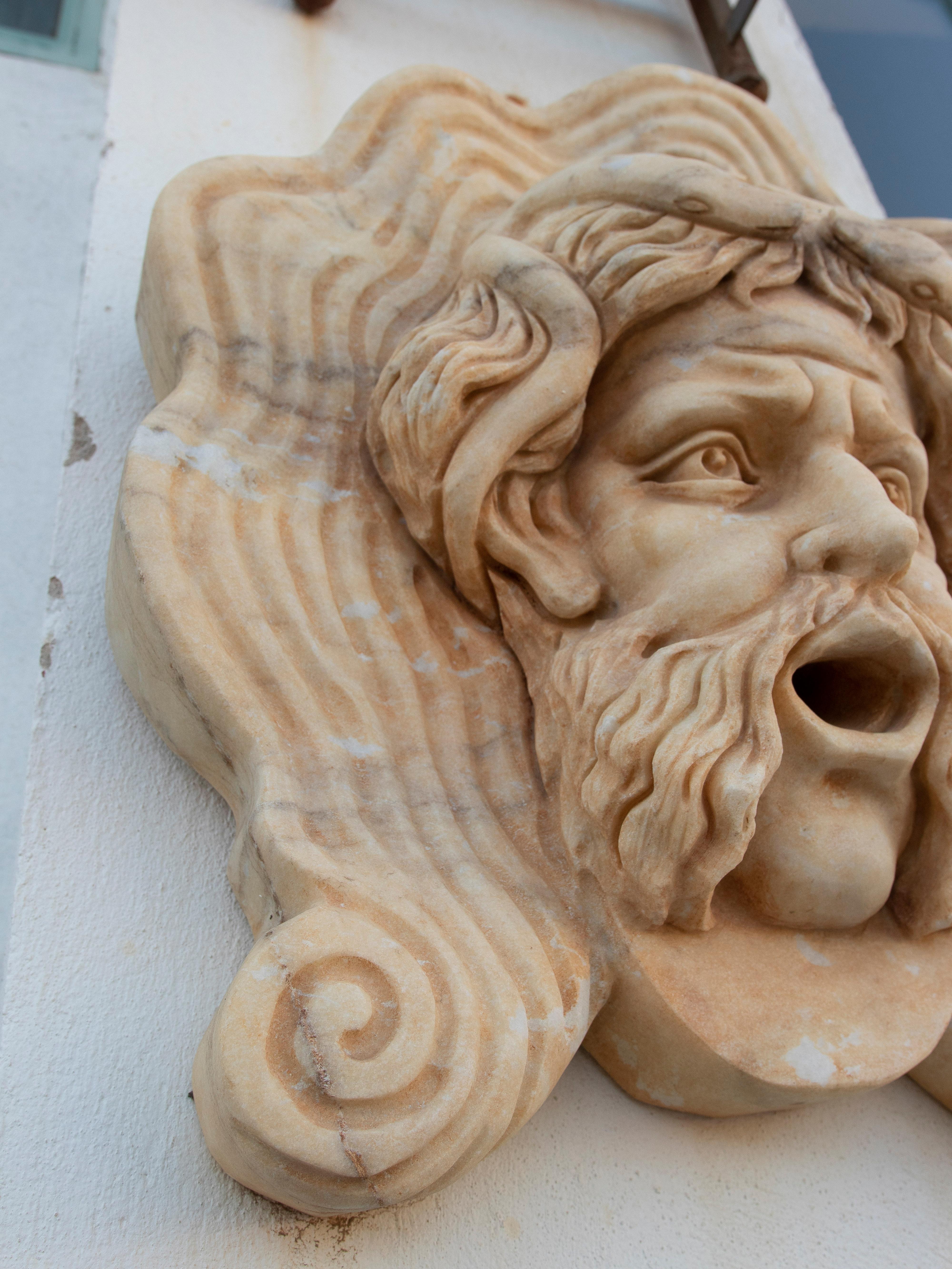 1990s Spanish Hand Carved Aged Macael White Marble Mascaron of Roman Male Medusa For Sale 5