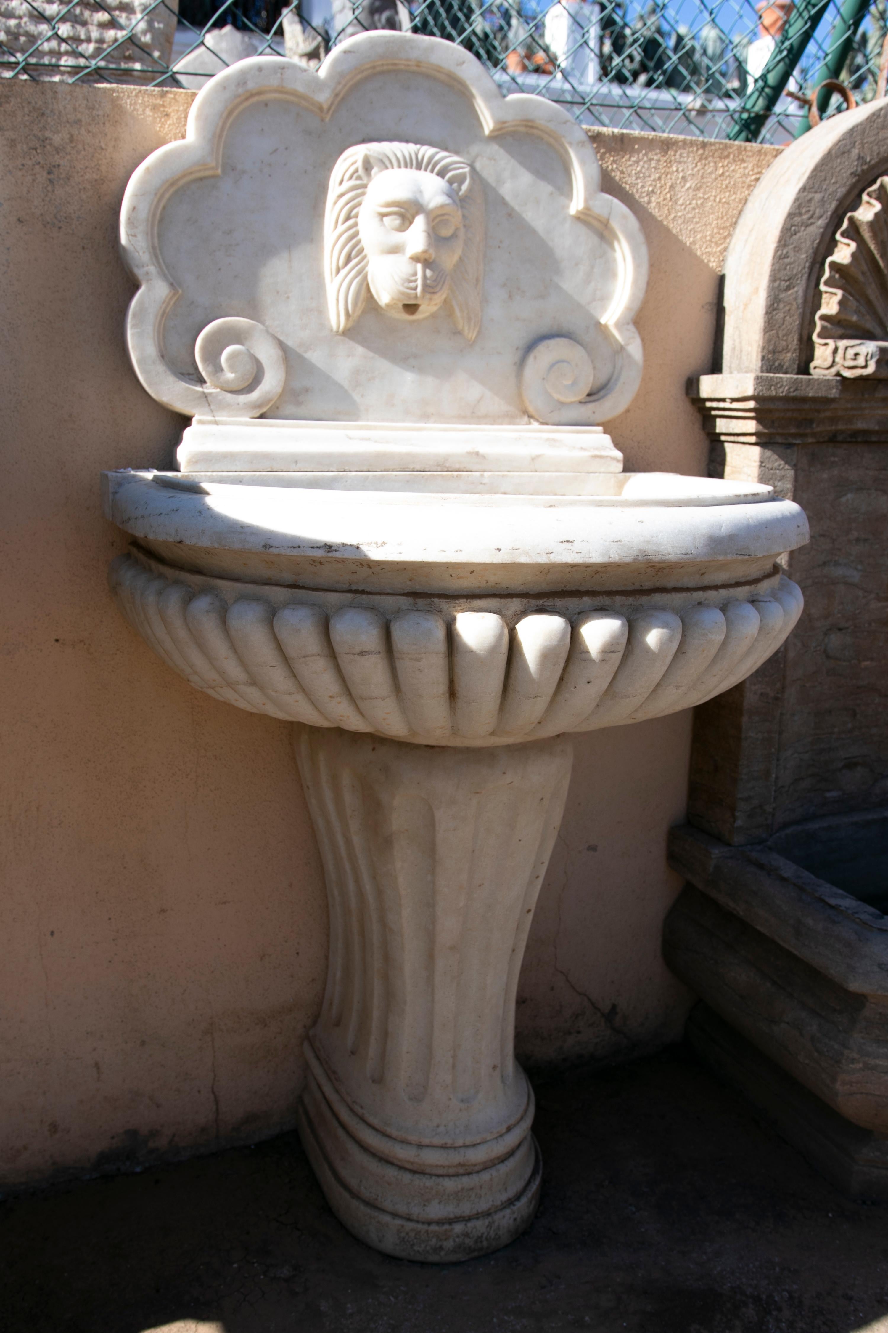 1990s Hand Carved Aged Macael White Marble Wall Fountain w/ Mascaron 6