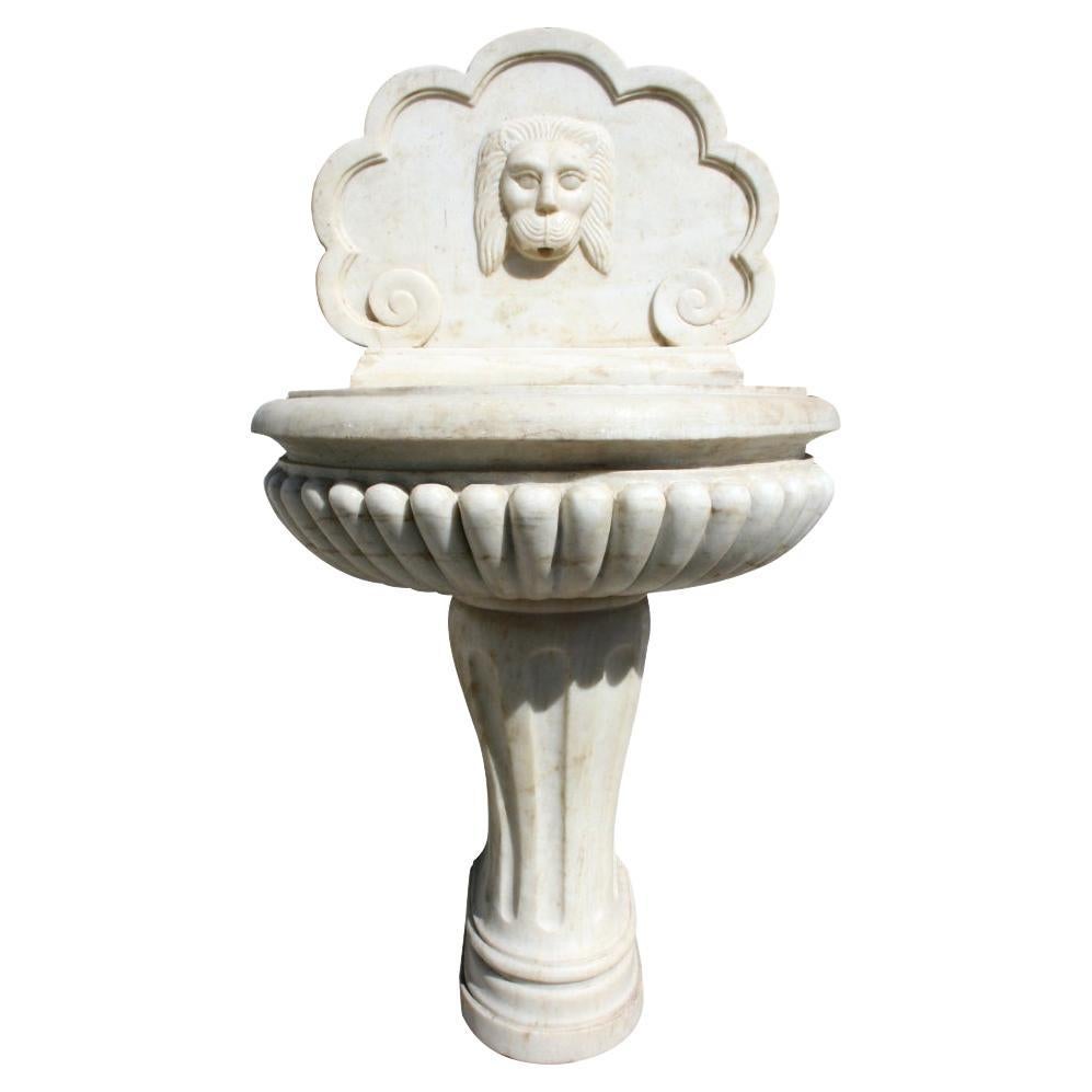 1990s Hand Carved Aged Macael White Marble Wall Fountain w/ Mascaron