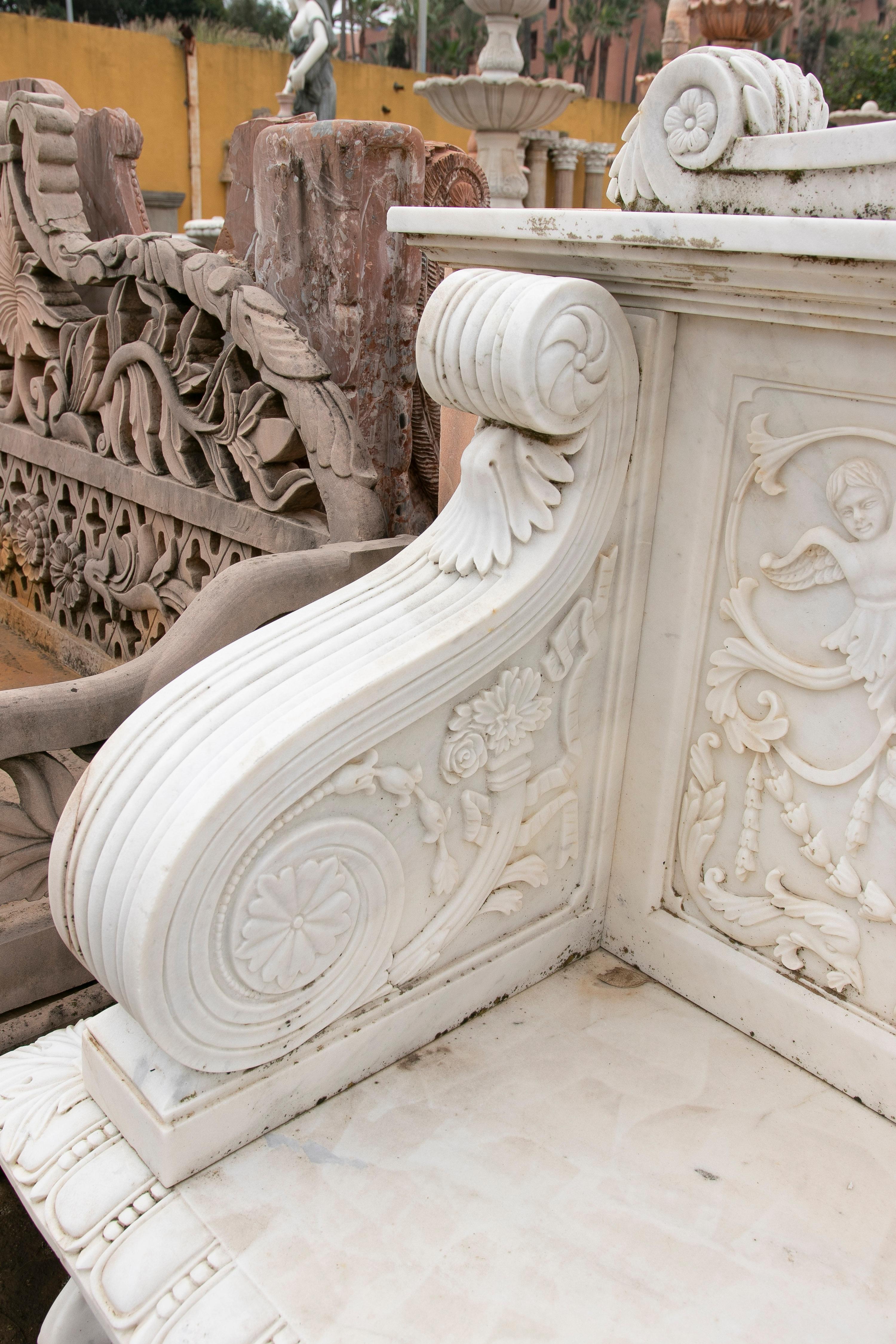 1990s Spanish Hand Carved Carrara White Marble 2-Seater Renaissance Bench  16