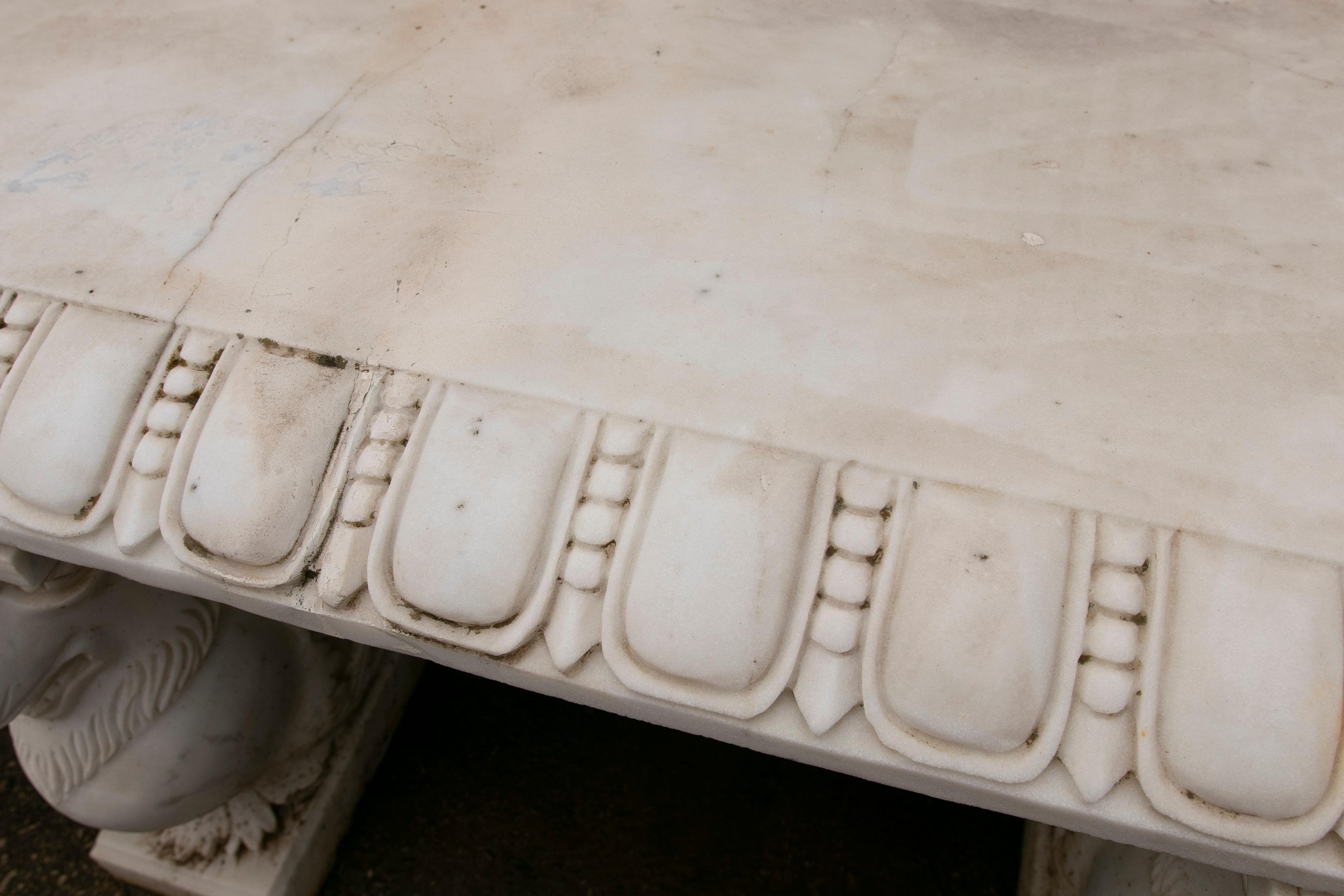 1990s Spanish Hand Carved Carrara White Marble 2-Seater Renaissance Bench  2