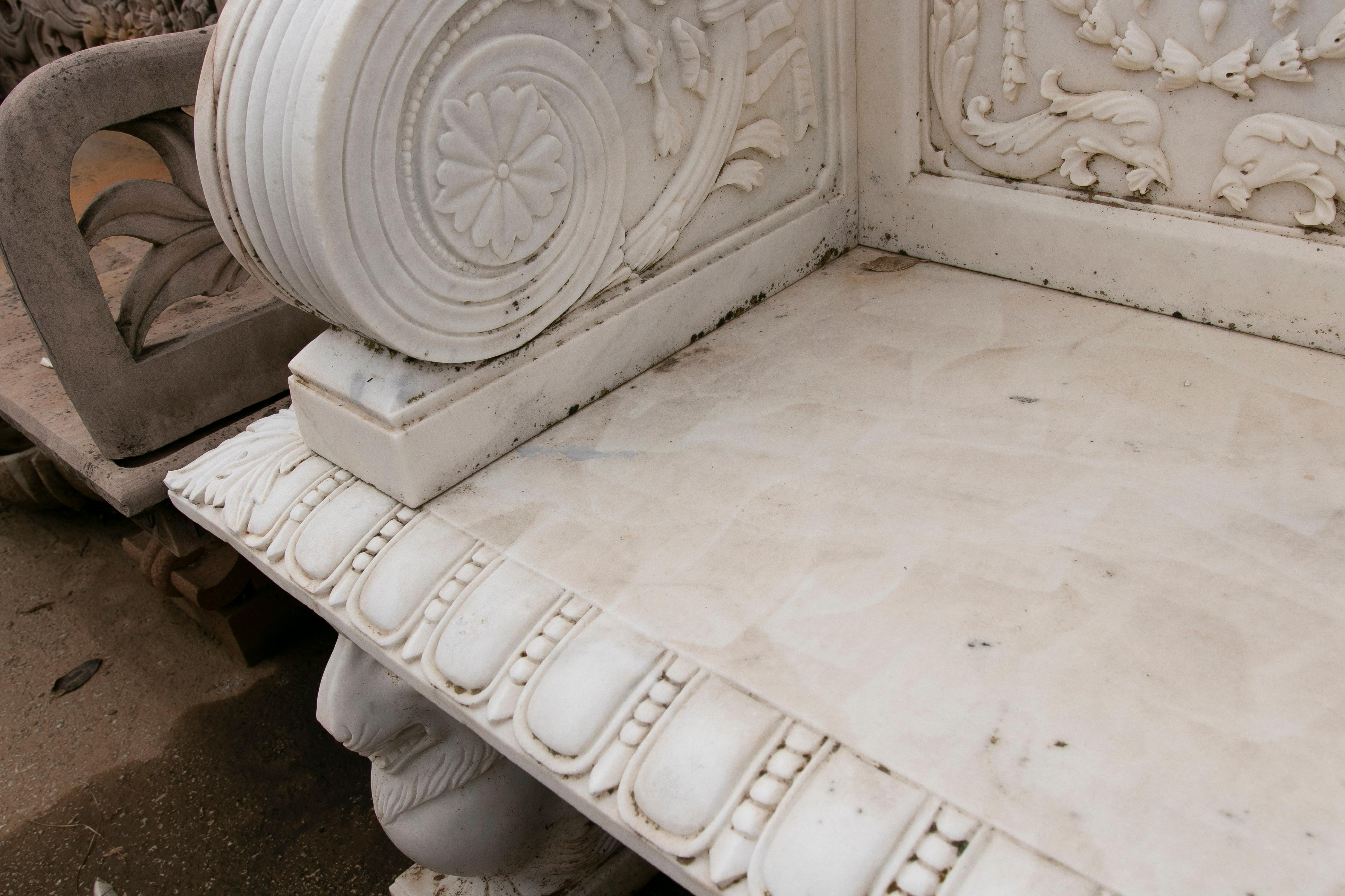 1990s Spanish Hand Carved Carrara White Marble 2-Seater Renaissance Bench  3