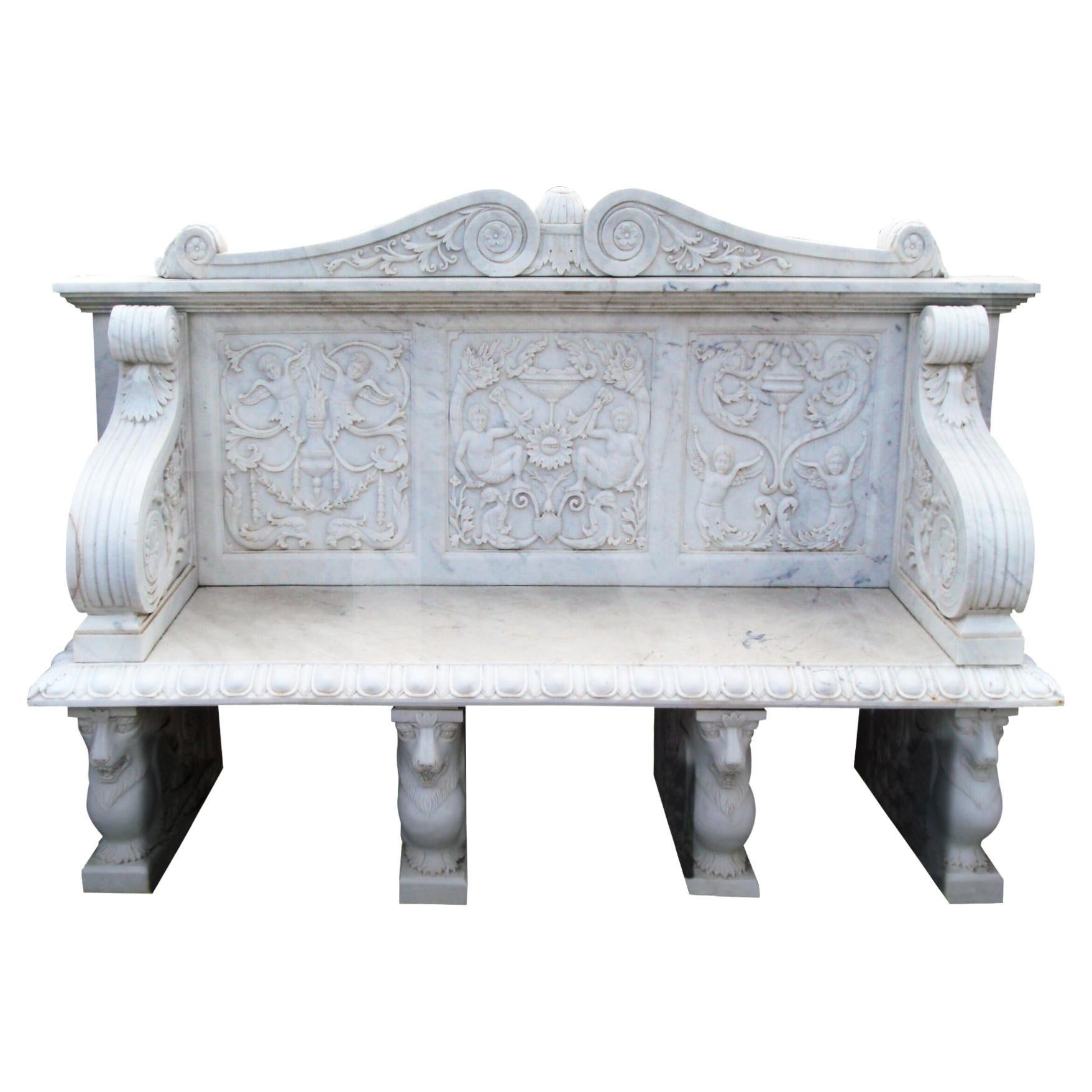 1990s Spanish Hand Carved Carrara White Marble 2-Seater Renaissance Bench 