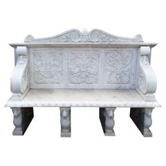 1990s Spanish Hand Carved Carrara White Marble 2-Seater Renaissance Bench 