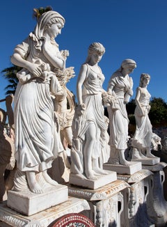 1990s Spanish Hand Carved Carrara White Marble Set of Four Seasons