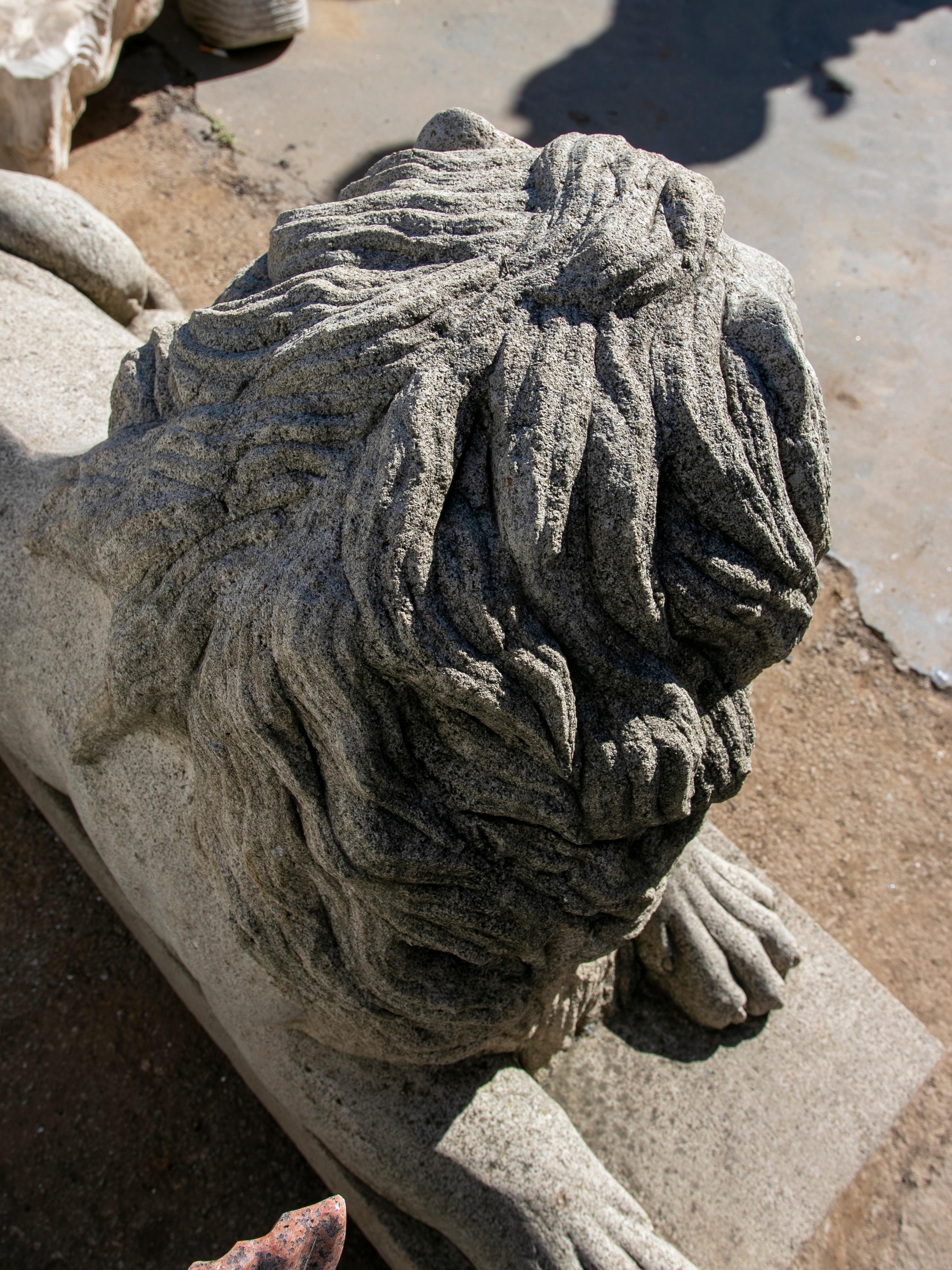 1990s  Hand Carved Grey Sandstone Lying Lion Sculpture For Sale 8