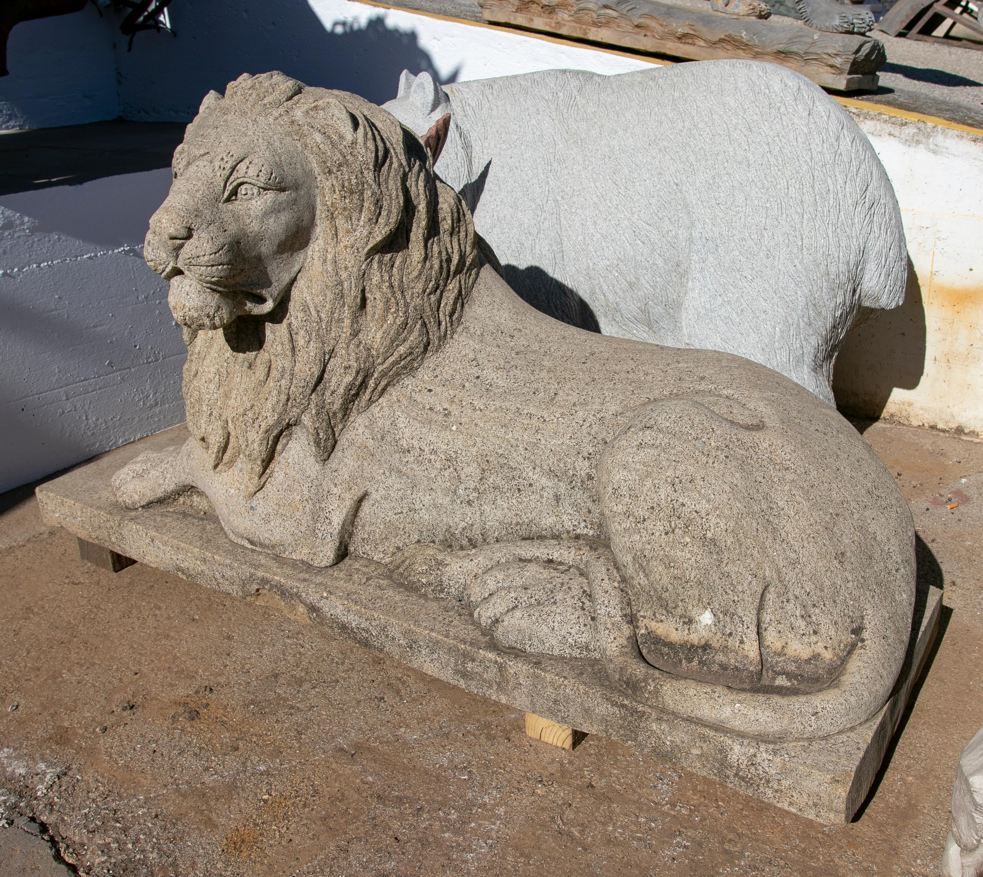 Asian 1990s  Hand Carved Grey Sandstone Lying Lion Sculpture For Sale
