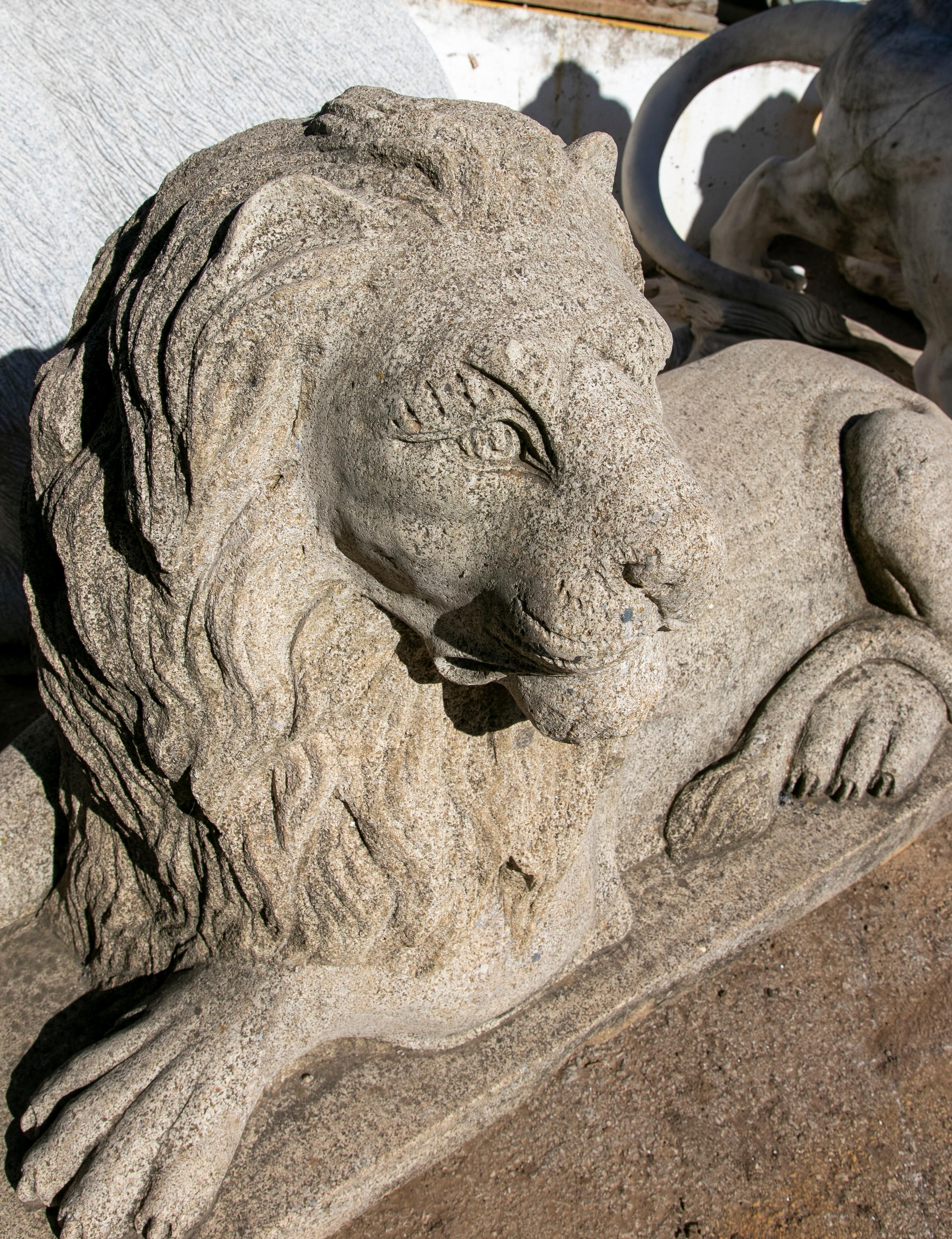Stone 1990s  Hand Carved Grey Sandstone Lying Lion Sculpture For Sale