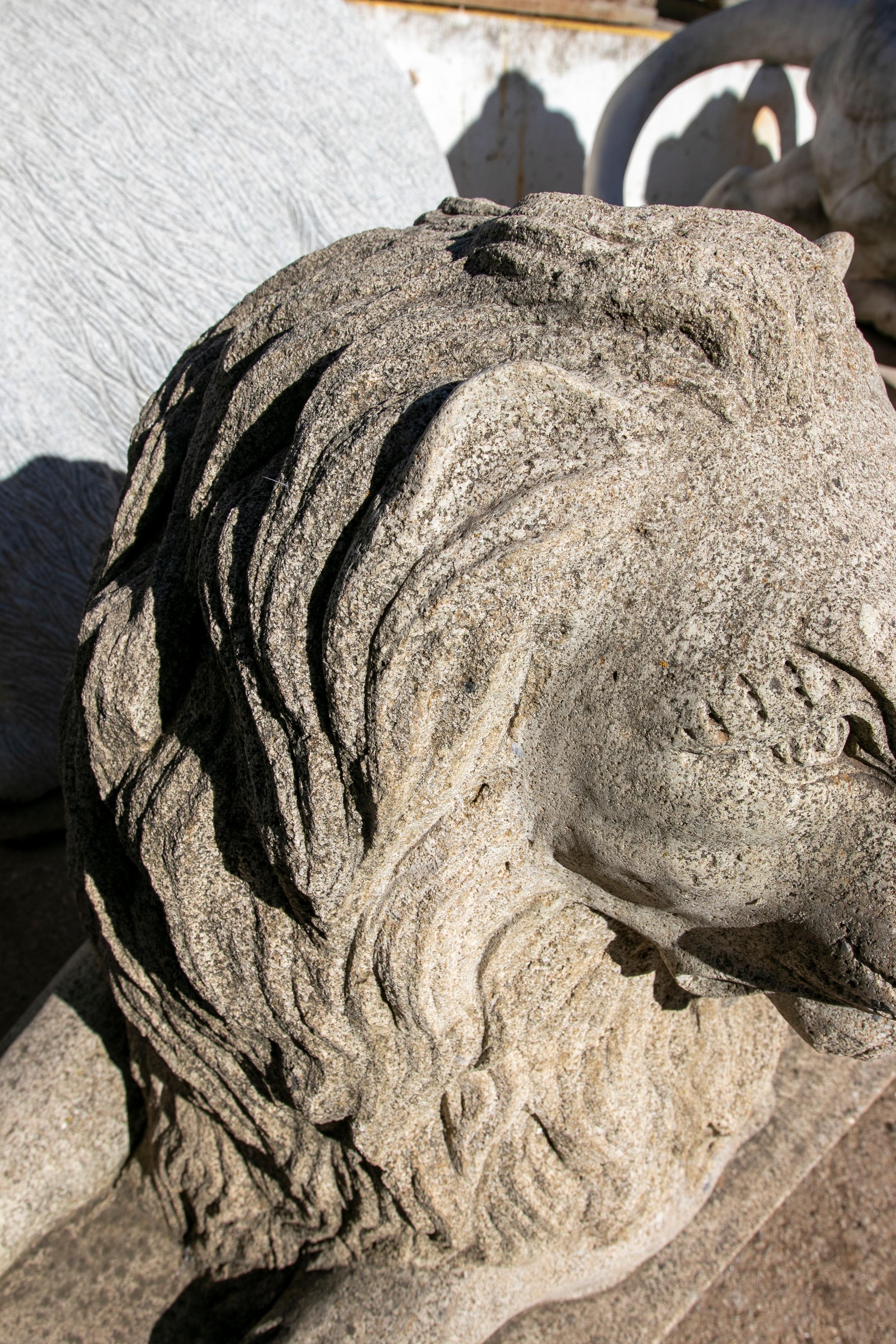 1990s  Hand Carved Grey Sandstone Lying Lion Sculpture For Sale 1