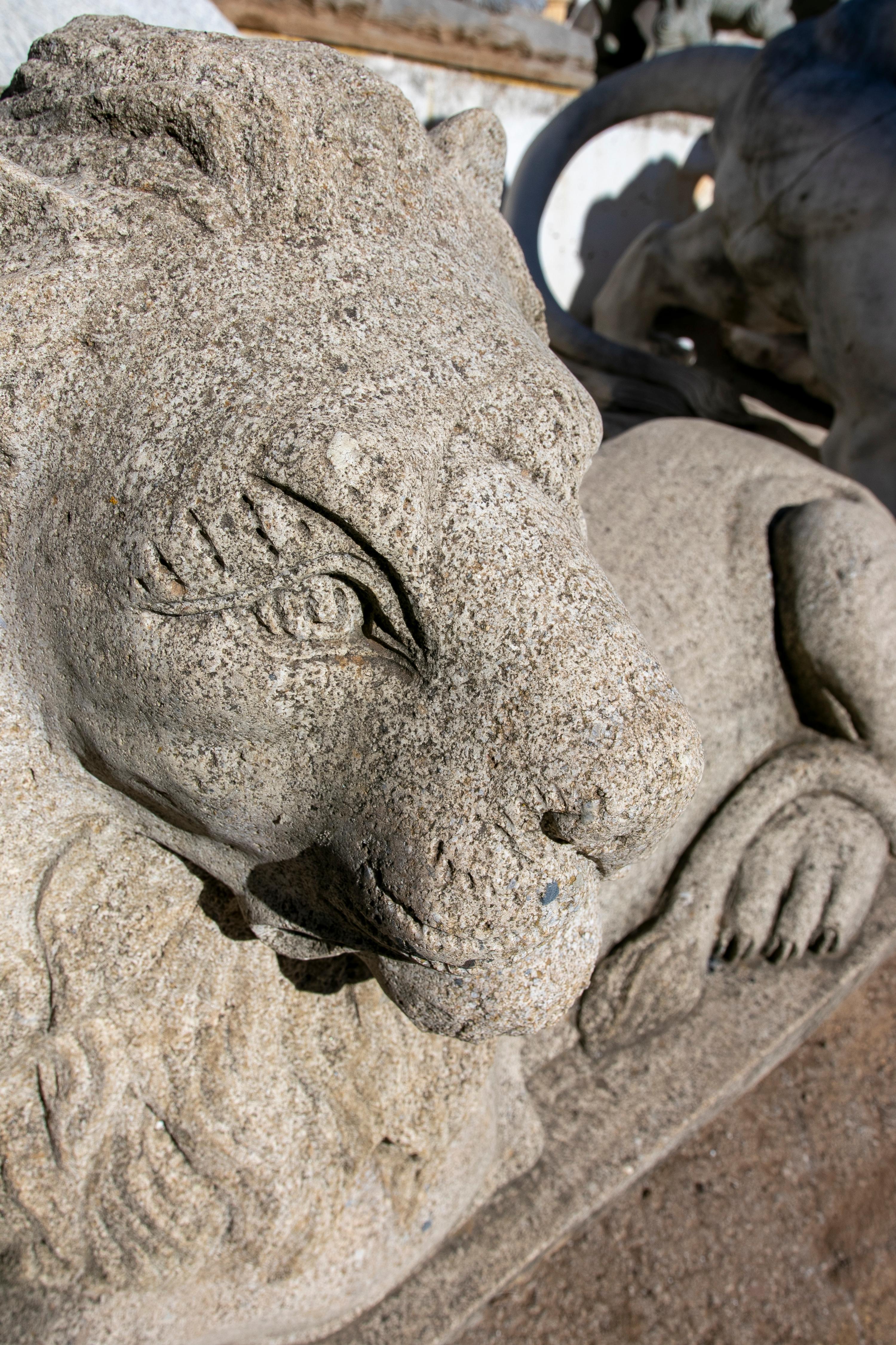 1990s  Hand Carved Grey Sandstone Lying Lion Sculpture For Sale 2