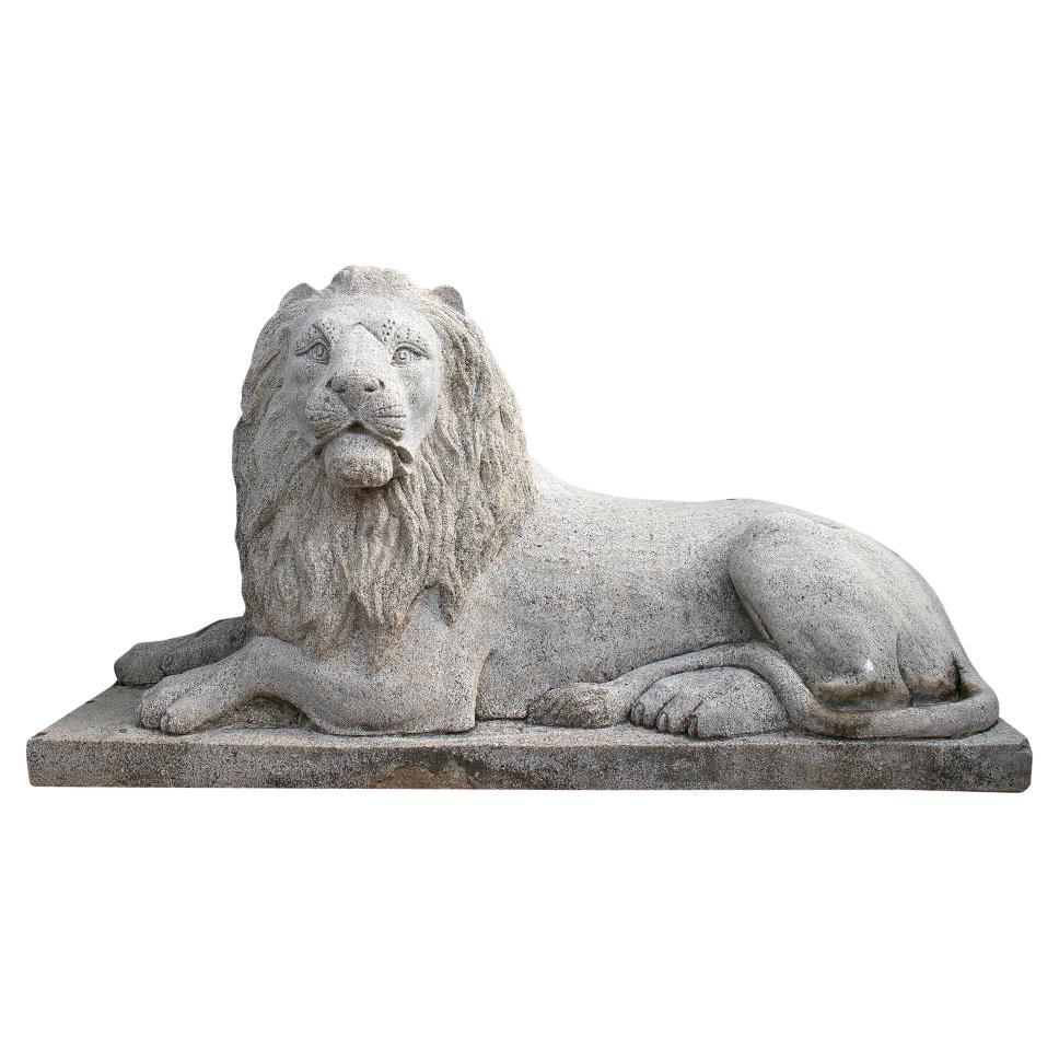 1990s  Hand Carved Grey Sandstone Lying Lion Sculpture