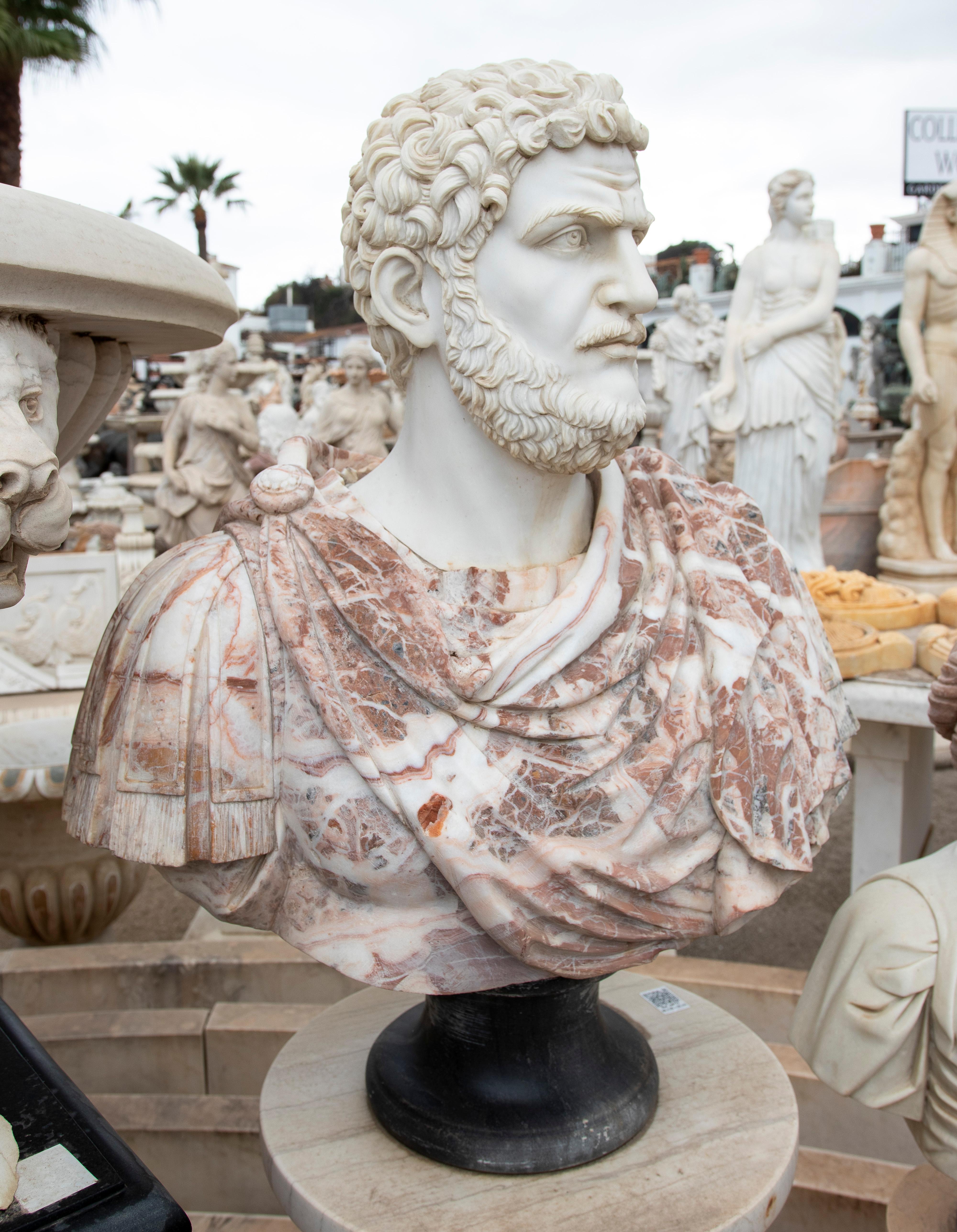 1990s Spanish Hand Carved Marcus Aurelius Carrara & Alicante Marble Bust In Good Condition In Marbella, ES