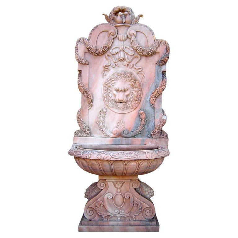 1990s Spanish Hand Carved Rosetta Marble One Tier Wall Fountain w/ Lion ...