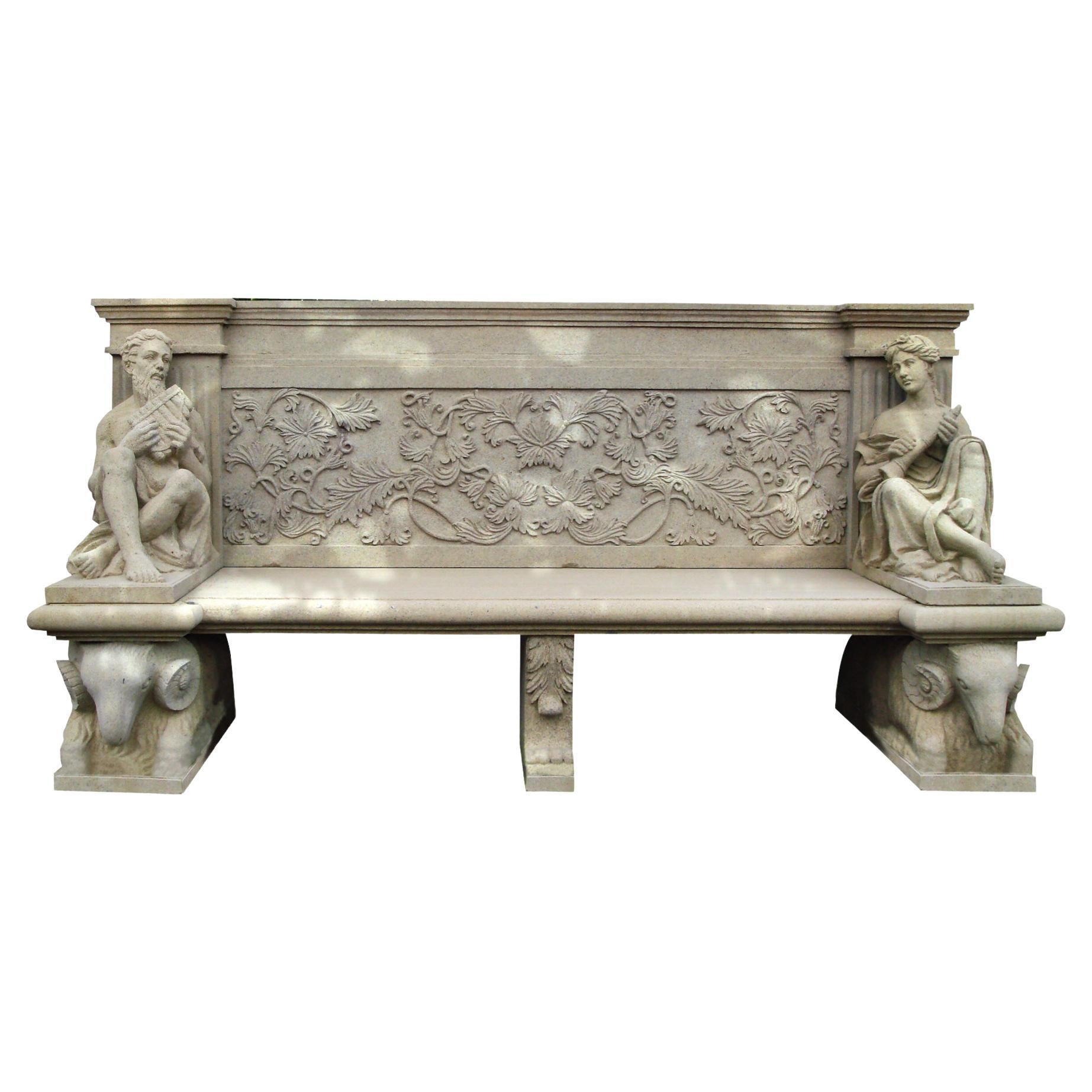 1990s Spanish Hand Carved Sandstone 3-Seater Renaissance Bench w/ Sculptures For Sale