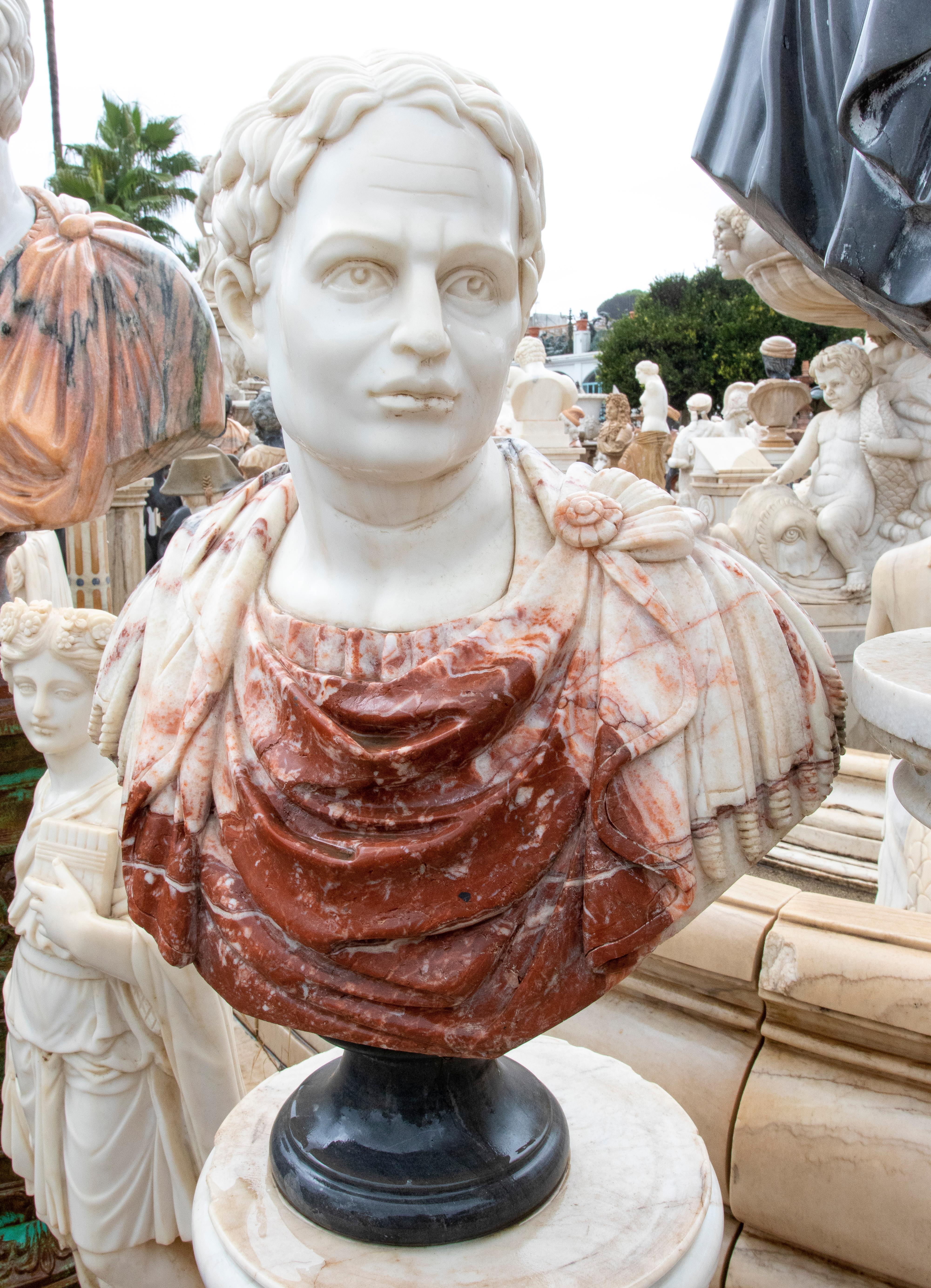 Classical 1990s Spanish hand carve white Carrara and Alicante red marble Roman emperor portrait bust.