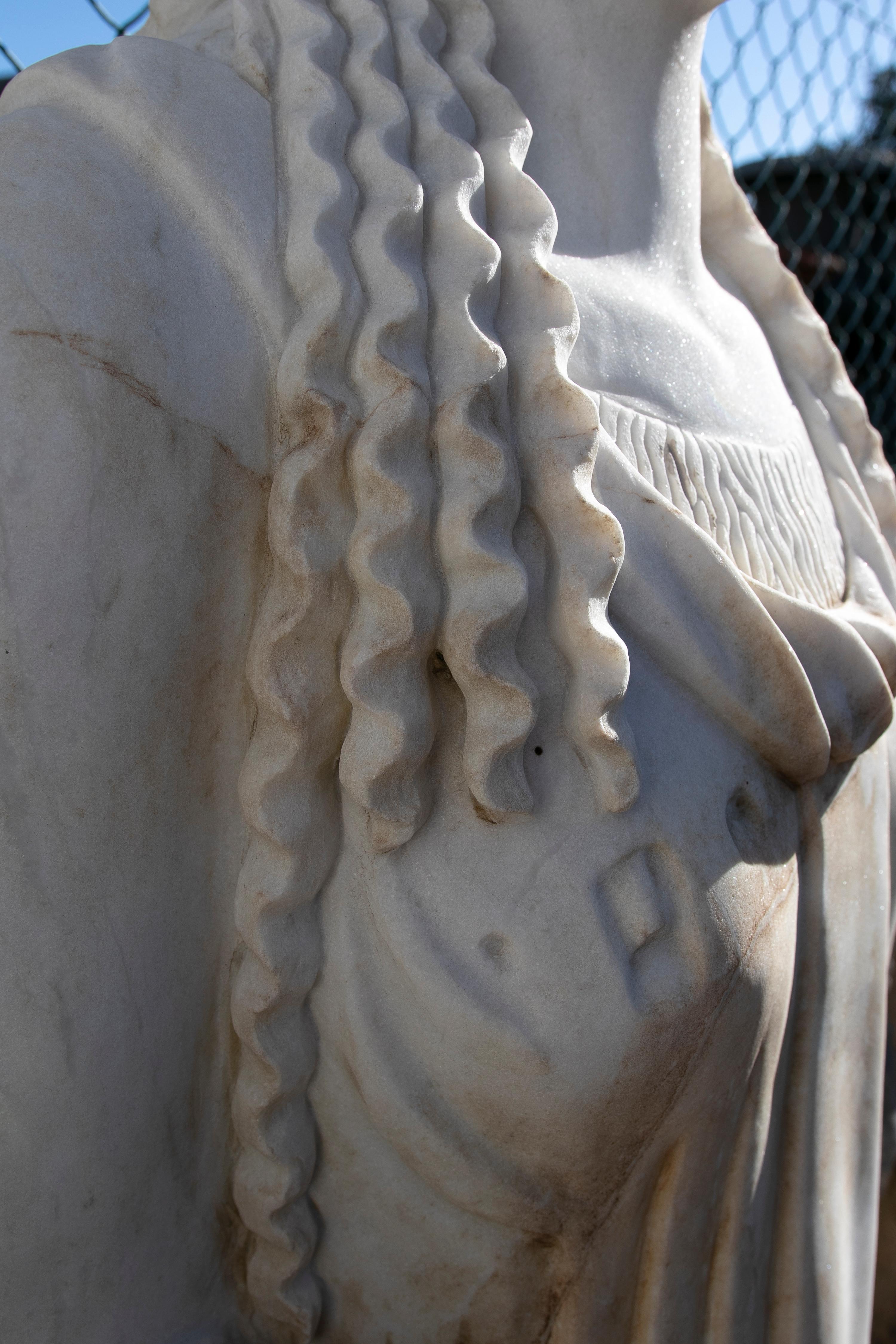 1990s Hand Carved White Marble Classical Greek Kore Female Sculpture For Sale 6