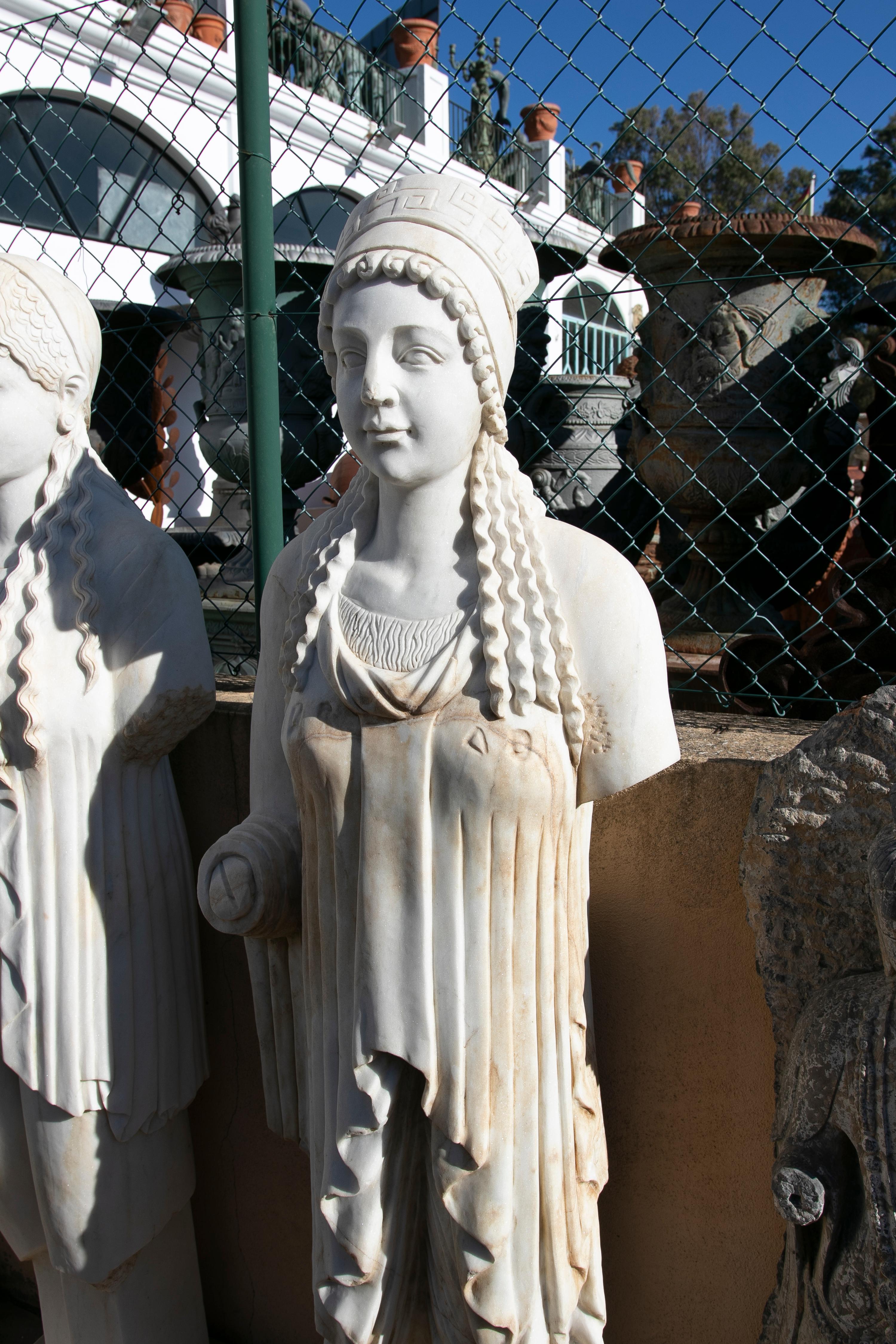 Asian 1990s Hand Carved White Marble Classical Greek Kore Female Sculpture For Sale