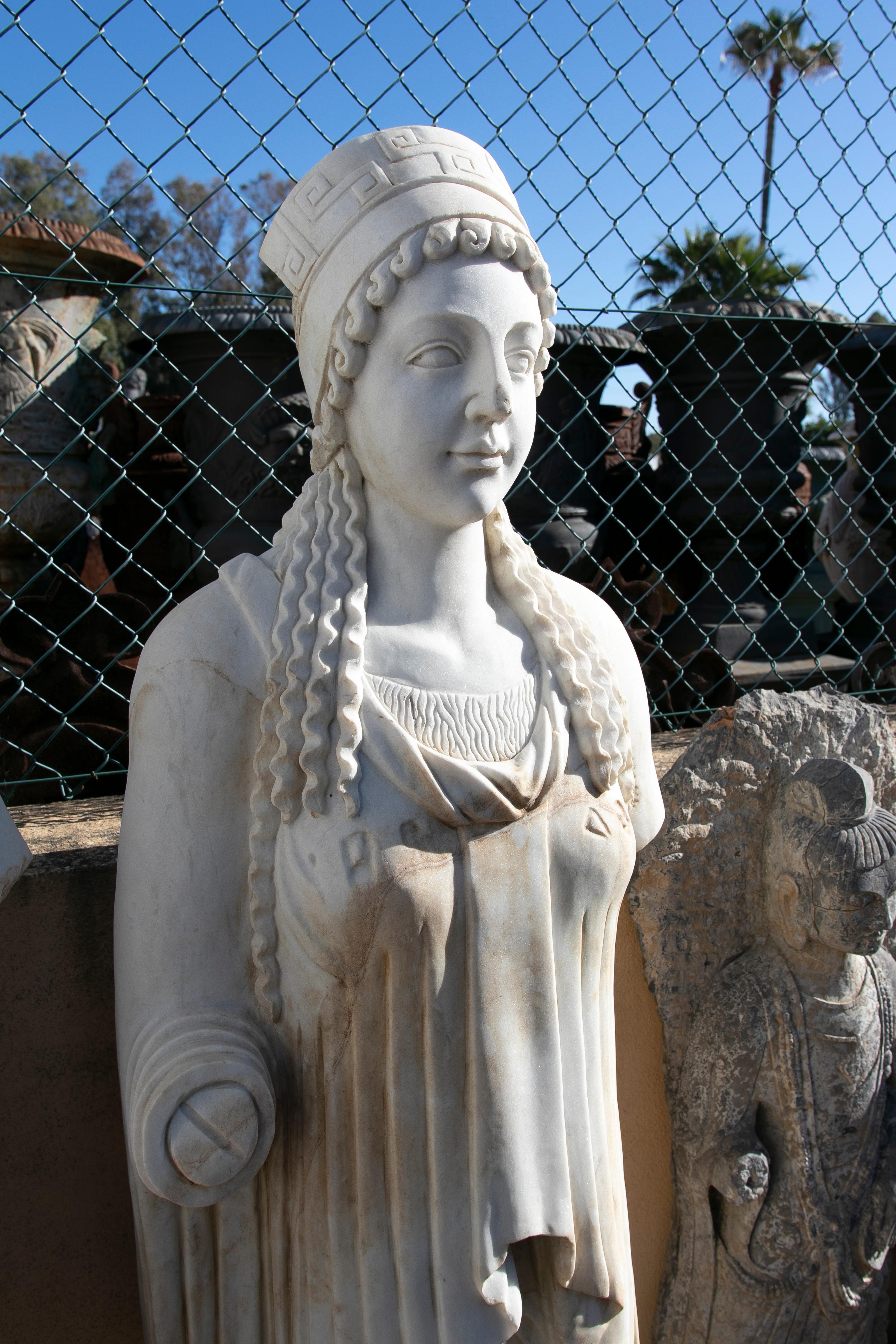 Hand-Carved 1990s Hand Carved White Marble Classical Greek Kore Female Sculpture For Sale