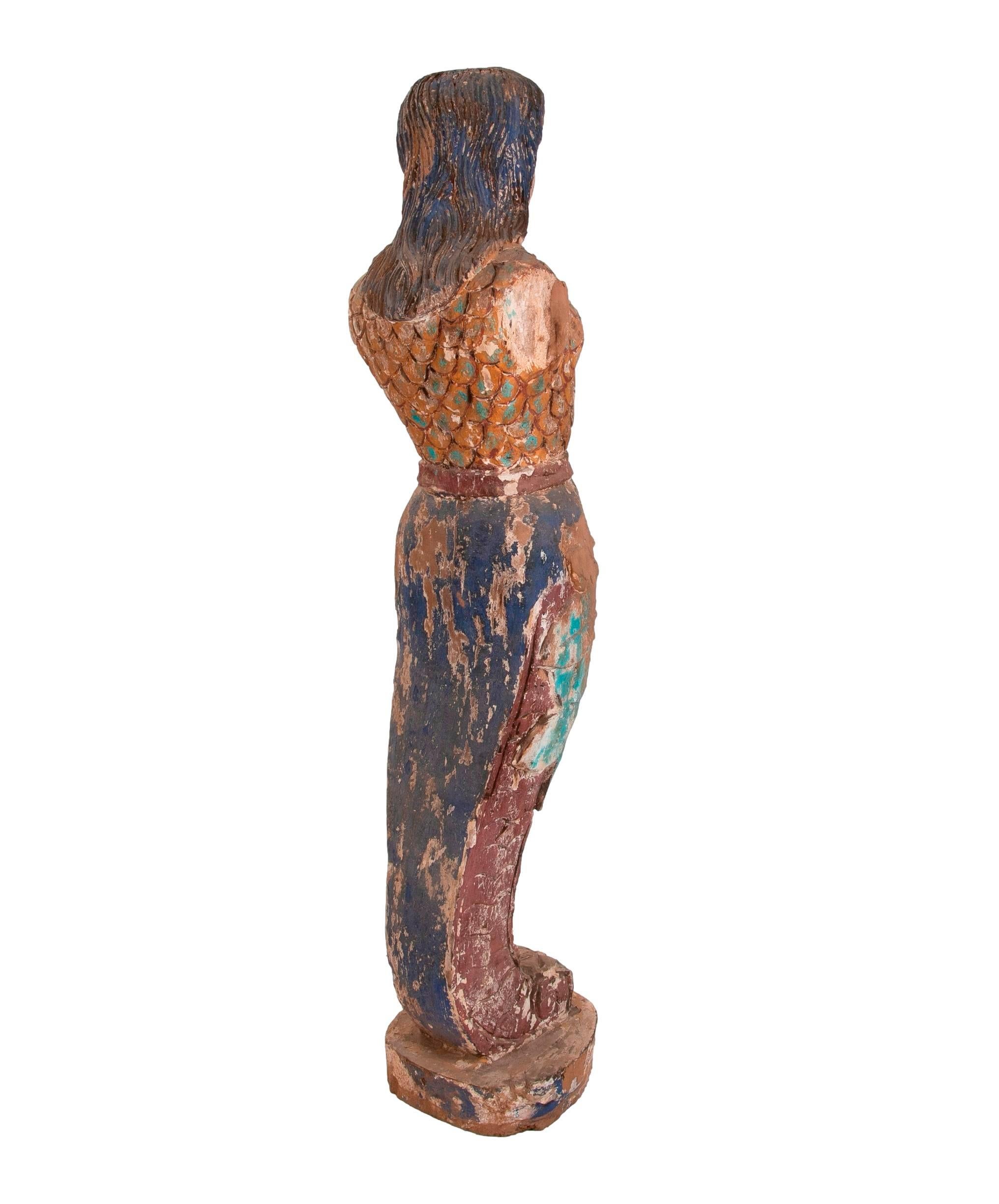 1990s Spanish Hand Carved Wooden Painted Mermaid Sculpture In Good Condition In Marbella, ES