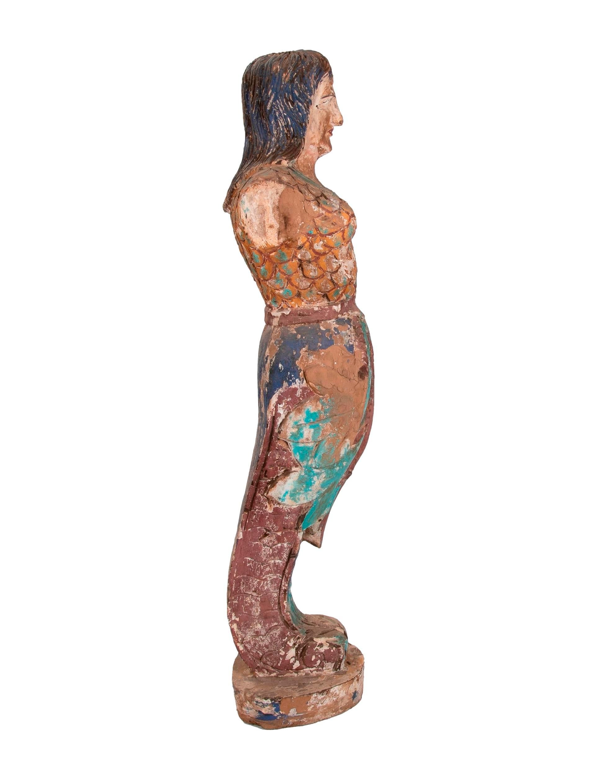 20th Century 1990s Spanish Hand Carved Wooden Painted Mermaid Sculpture