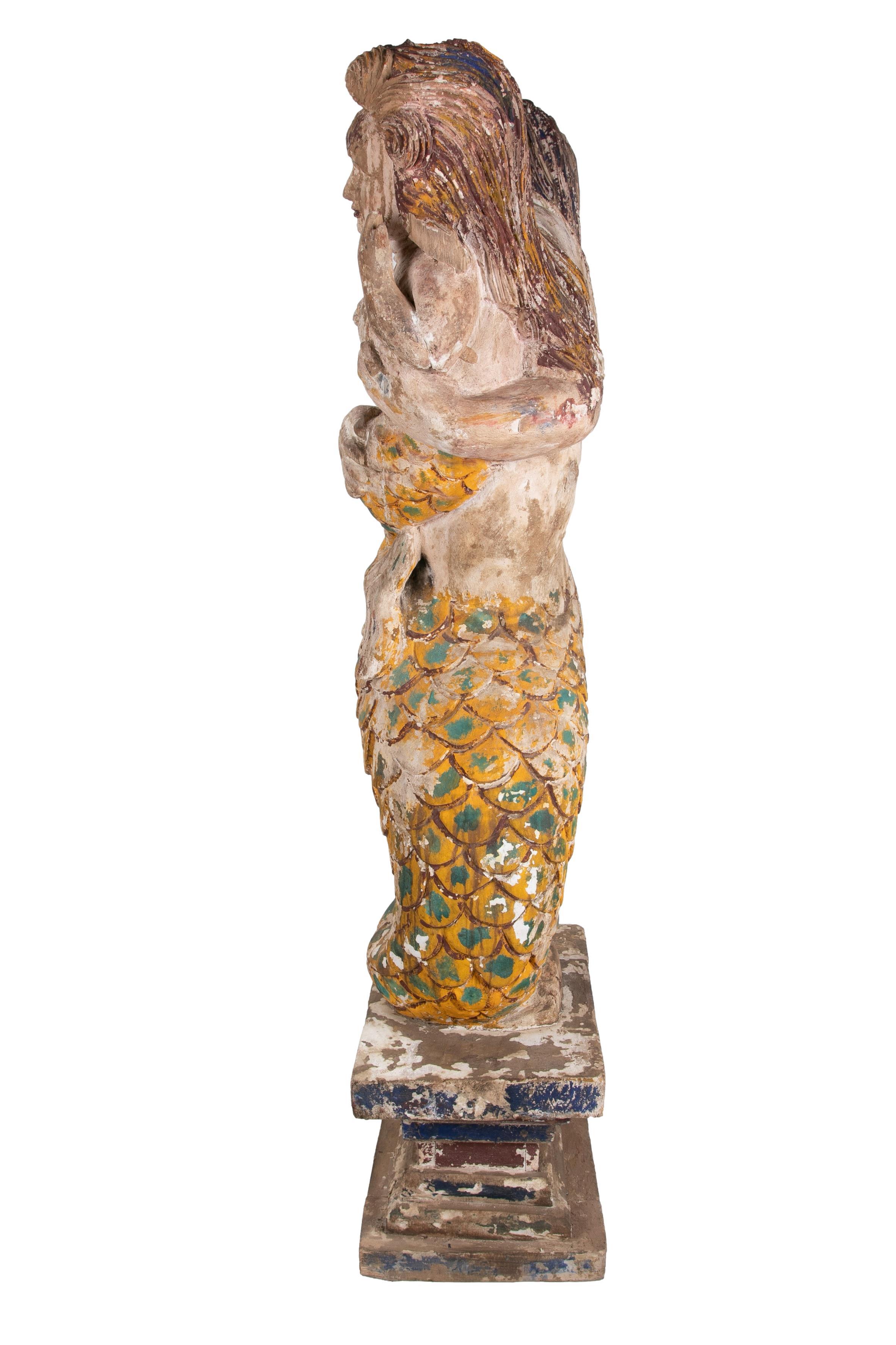 1990s Spanish Hand Carved Wooden Painted Mermaid w/ Boy Sculpture In Good Condition For Sale In Marbella, ES