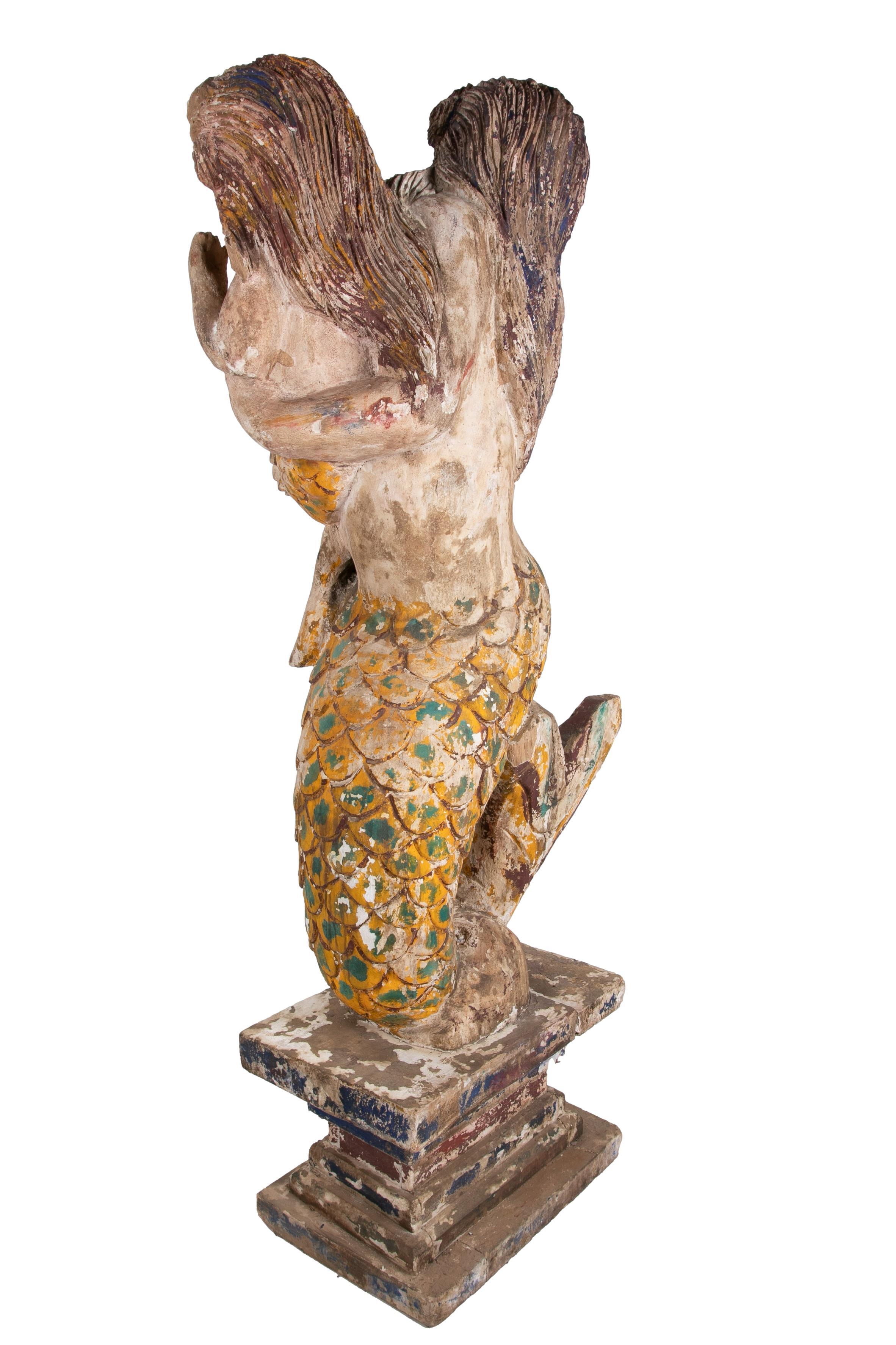 20th Century 1990s Spanish Hand Carved Wooden Painted Mermaid w/ Boy Sculpture For Sale