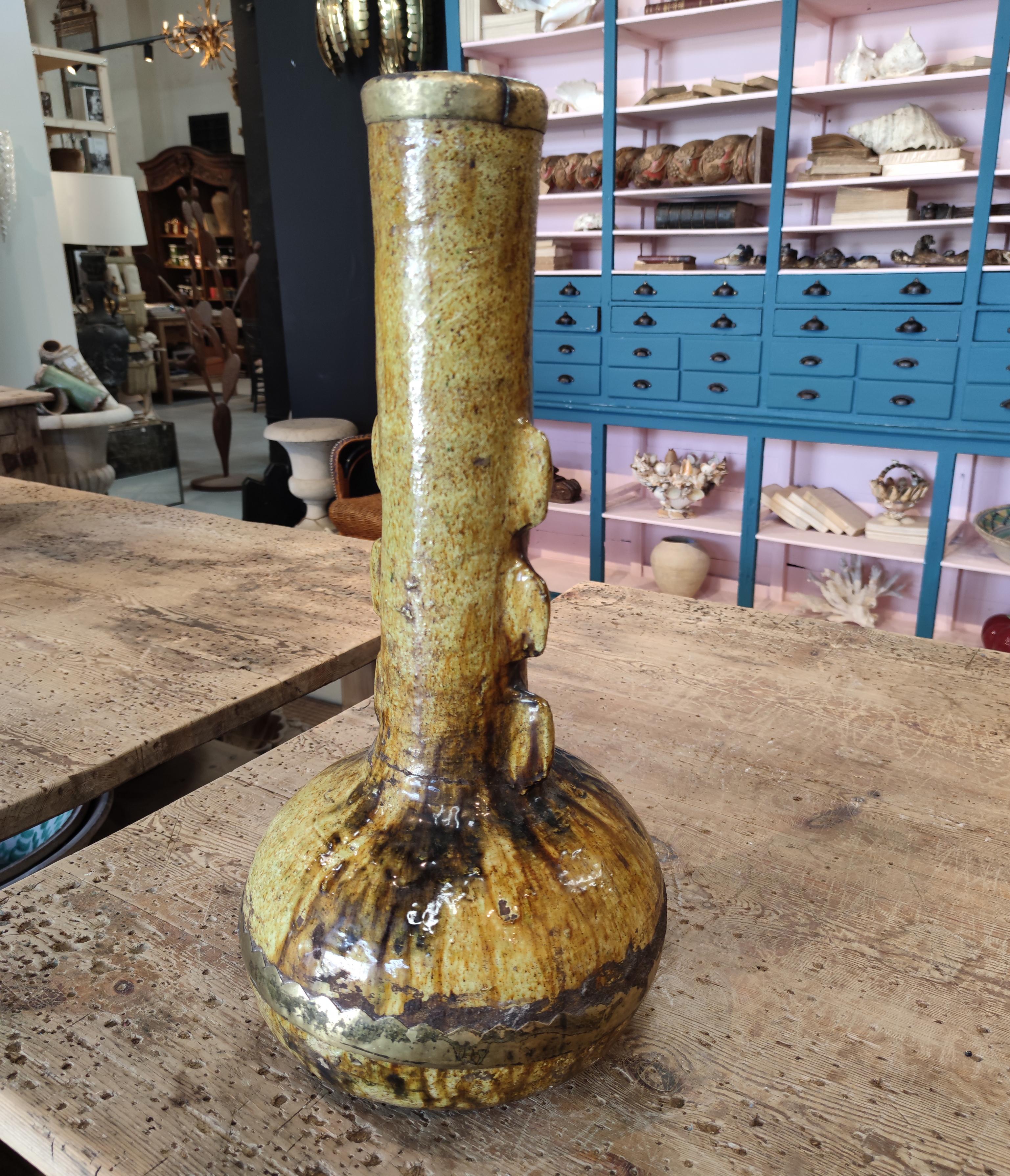 1990s Spanish Hand Made Mustard Yellow Glazed Ceramic Vase In Good Condition In Marbella, ES