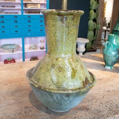 1990s Spanish Hand Made Mustard Yellow & Green Glazed Ceramic Vase