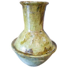 1990s Spanish Hand Made Mustard Yellow & Green Glazed Ceramic Vase