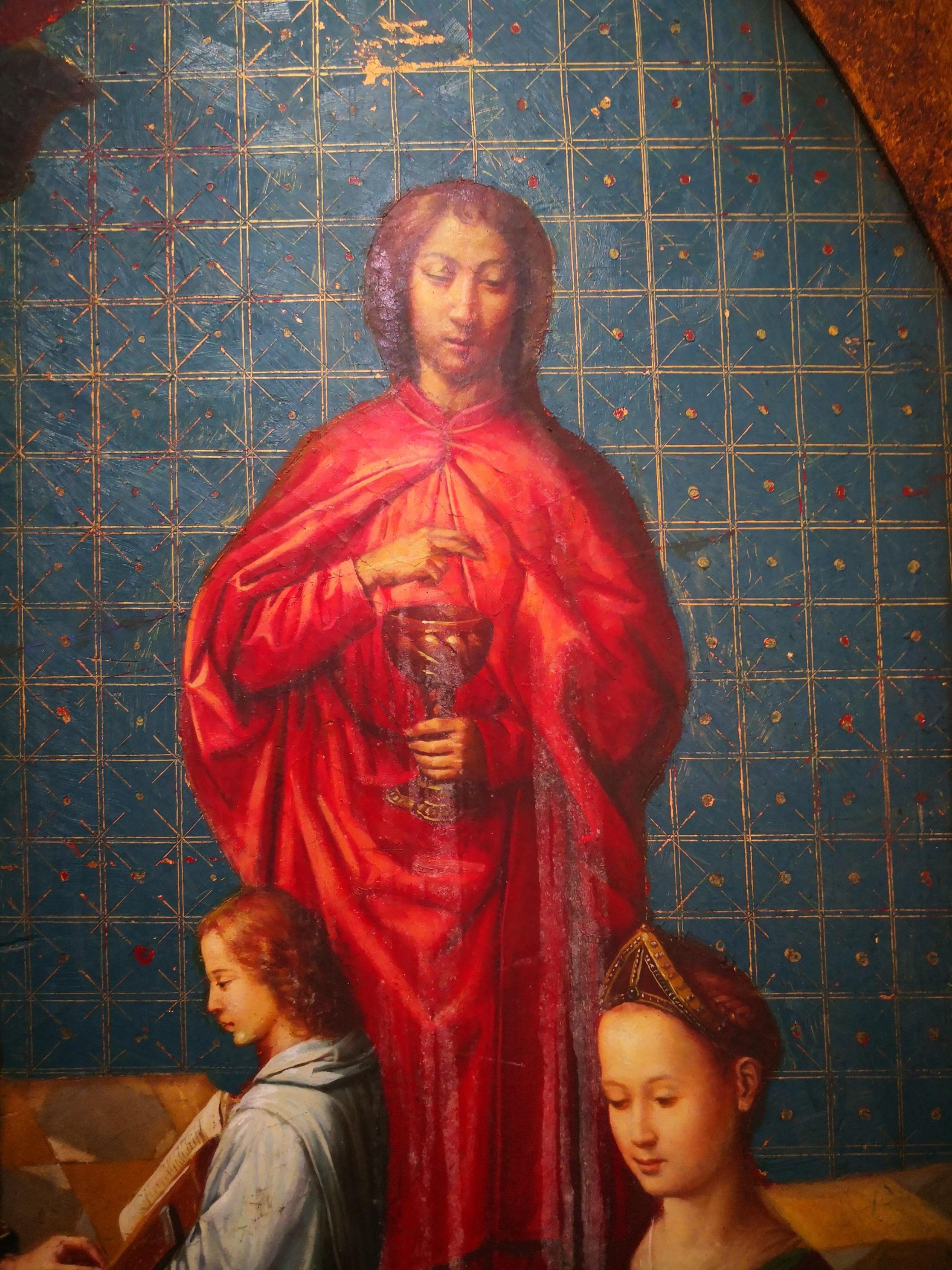 Reproducción española de los años 90 pintada a mano al óleo sobre madera en estilo gótico Español en venta