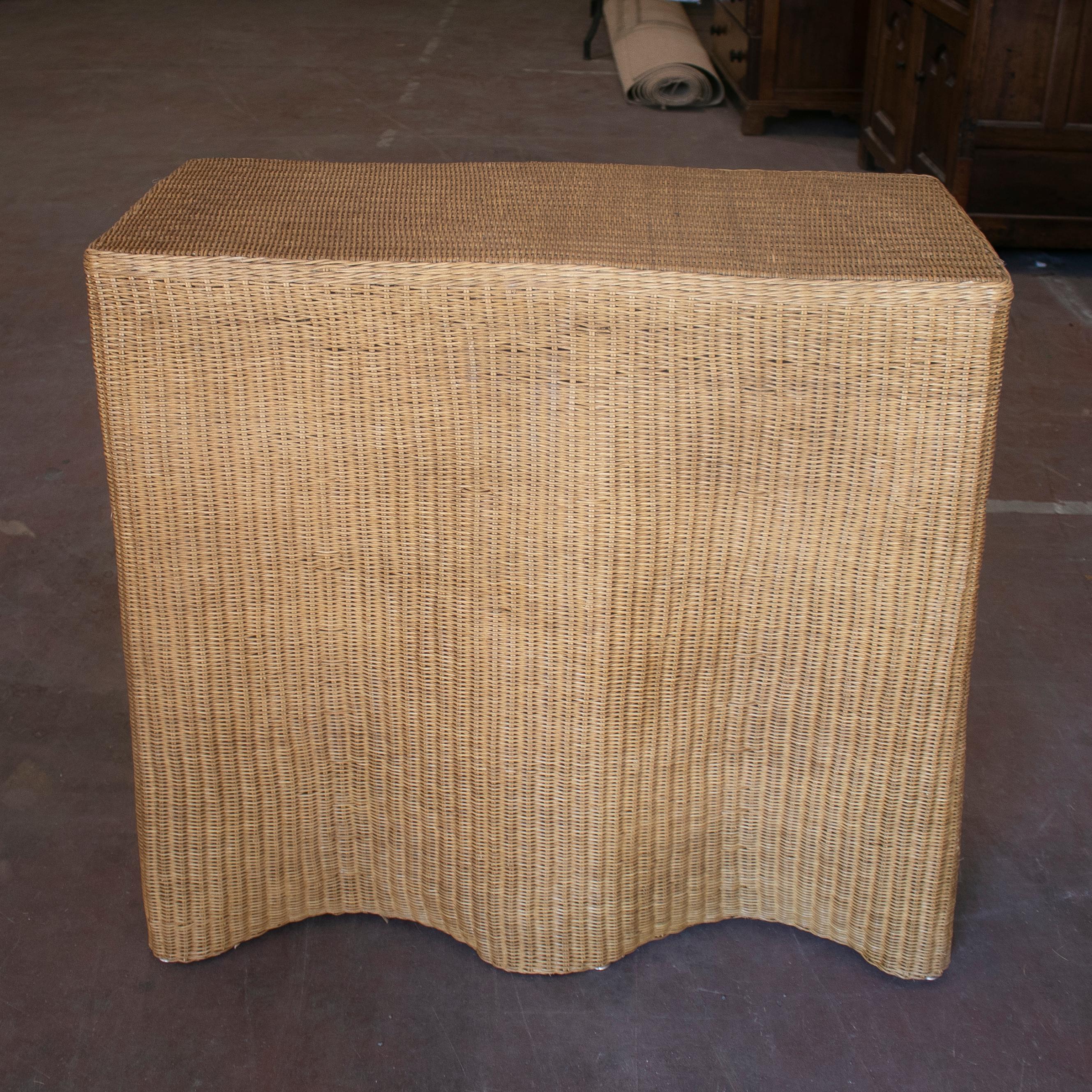 1990s Spanish hand woven wicker console table.