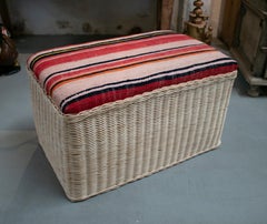 1990s Spanish Hand Woven Wicker Long Stool or Bench w/ Antique Upholstery