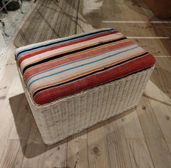 1990s Spanish Hand Woven Wicker Long Stool or Bench w/ Antique Upholstery