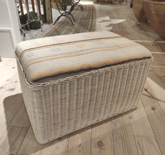 1990s Spanish Hand Woven Wicker Long Stool or Bench w/ Antique Upholstery