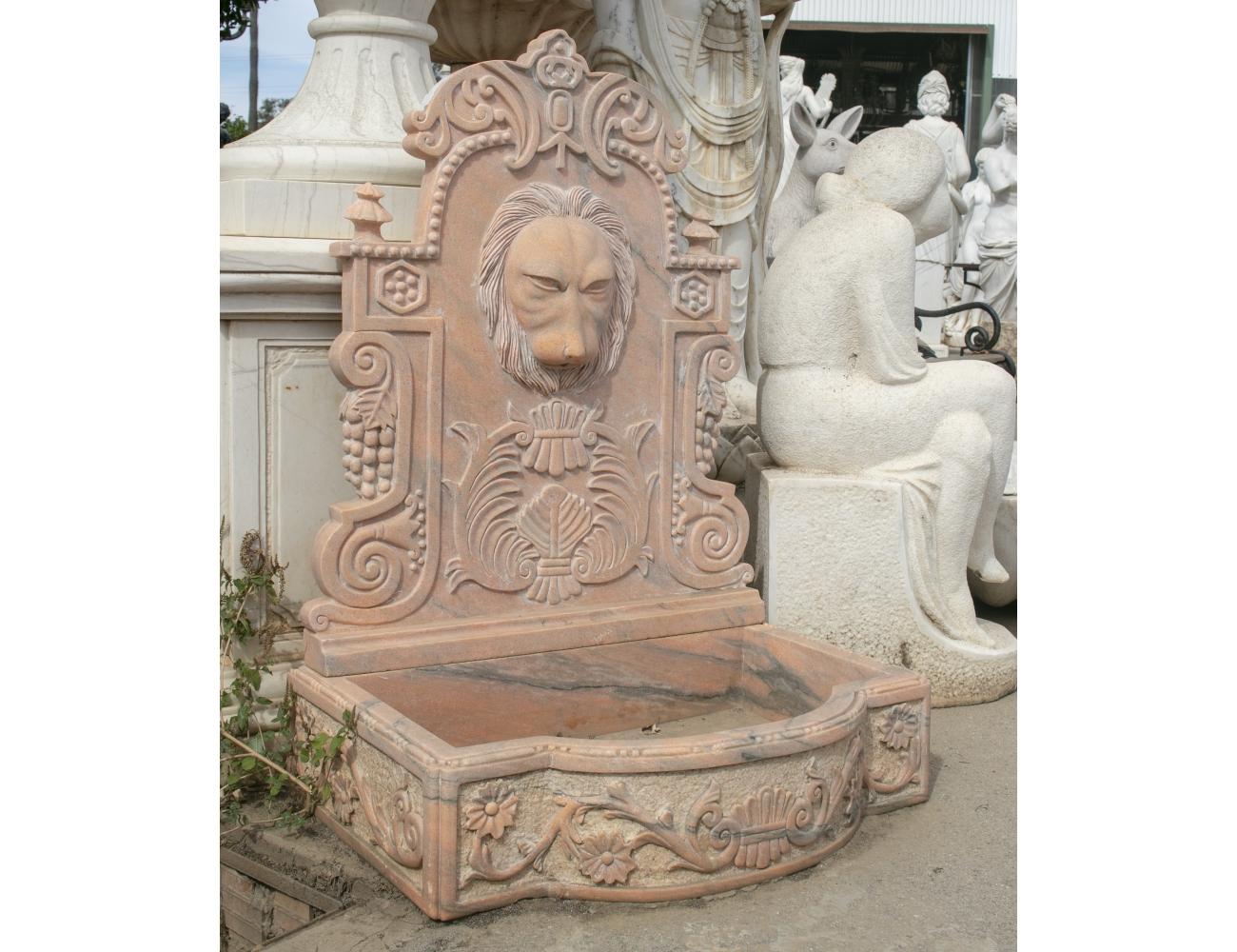 1990s Spanish Handcarved Aged Rosetta Marble Wall Fountain w/ Lion Head Mascaron In Good Condition In Marbella, ES