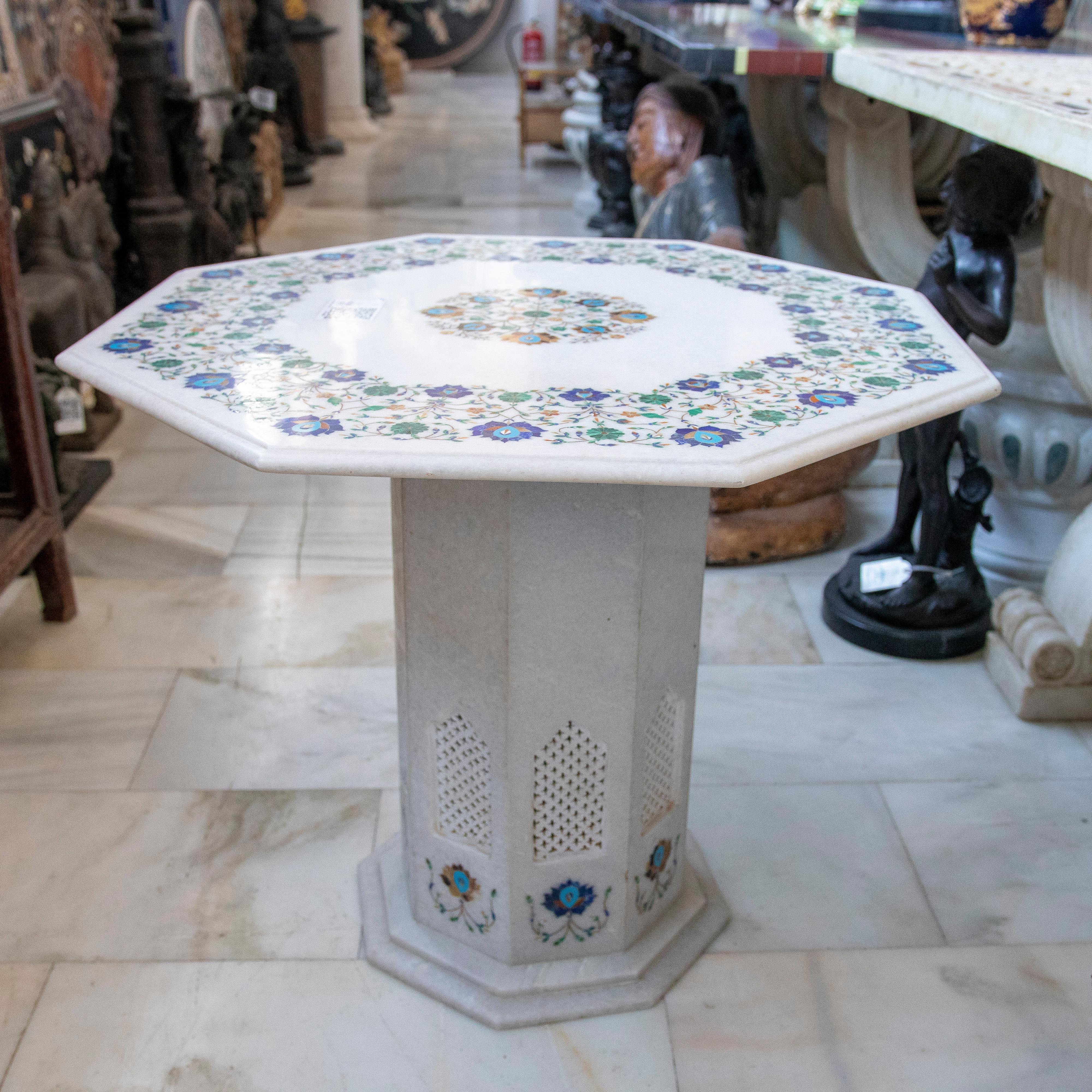 1990s Spanish Pietra Dura inlay mosaic octagonal side table with pedestal, using semiprecious mother of pearl.