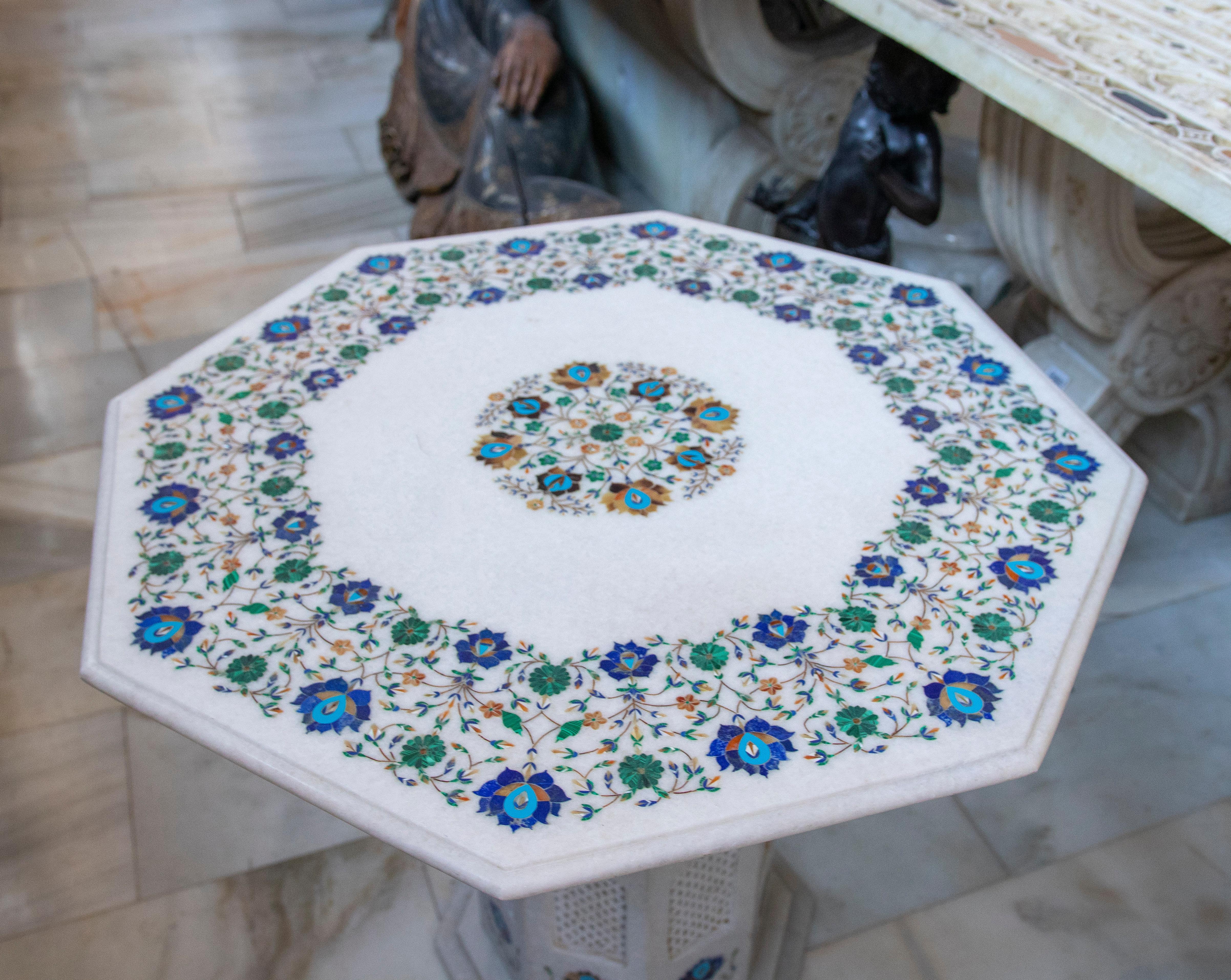 Hand-Carved 1990s Spanish Handmade Pietra Dura Inlay Mosaic Octagonal Side Table w/ Pedestal For Sale