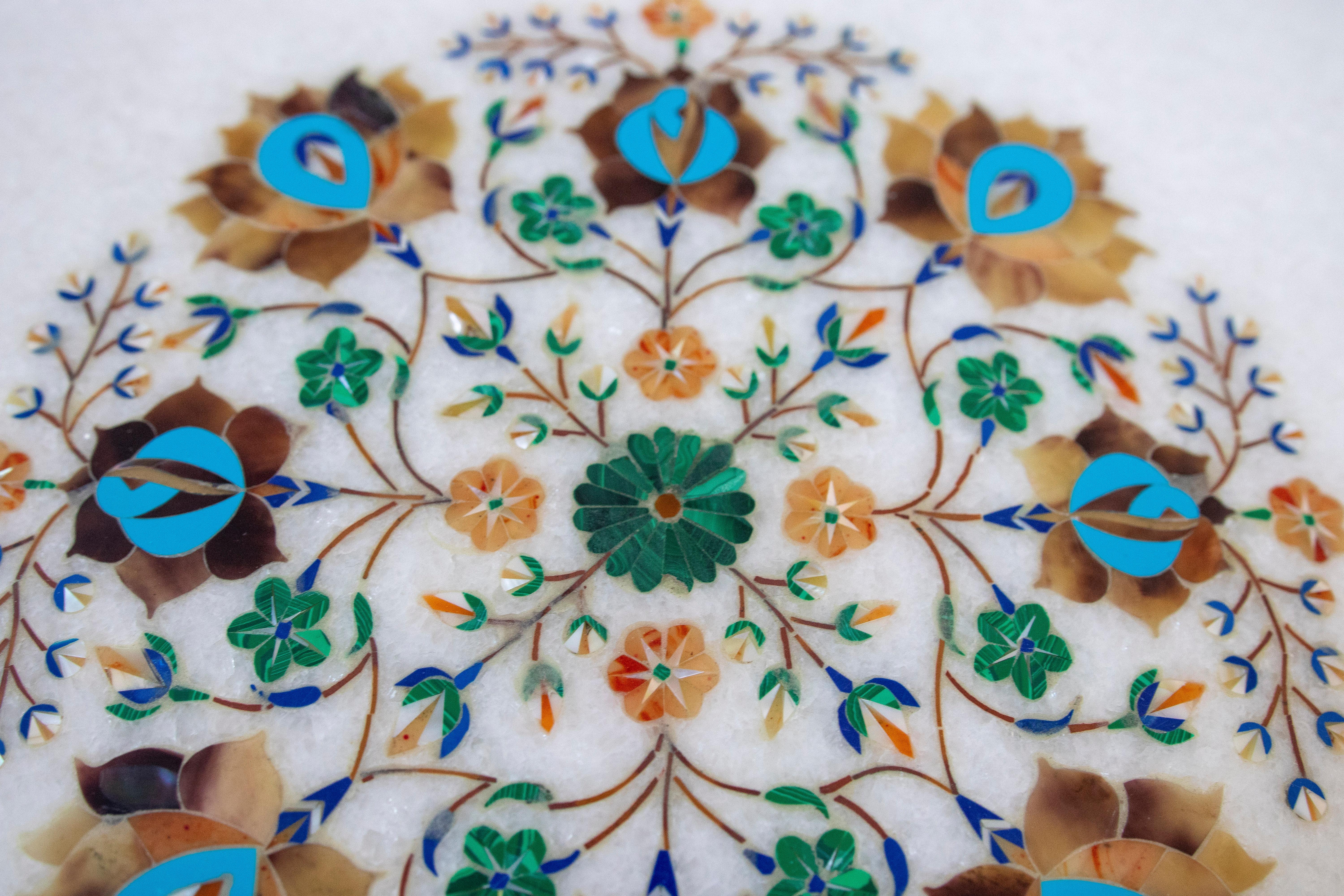20th Century 1990s Spanish Handmade Pietra Dura Inlay Mosaic Octagonal Side Table w/ Pedestal For Sale