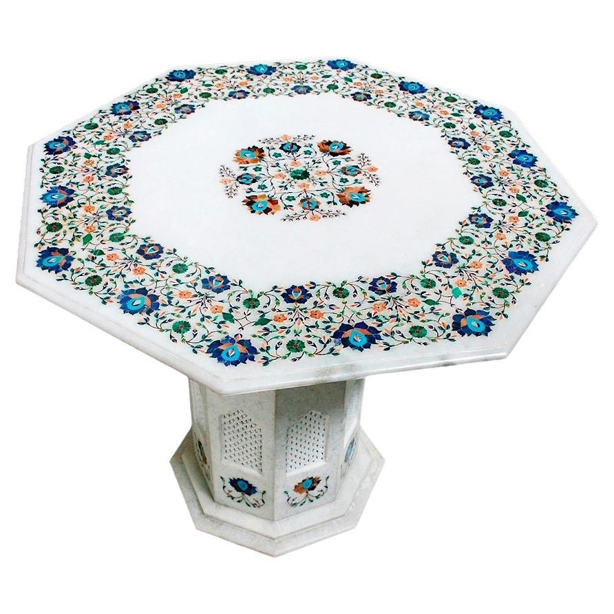1990s Spanish Handmade Pietra Dura Inlay Mosaic Octagonal Side Table w/ Pedestal For Sale
