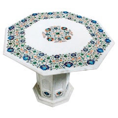 1990s Spanish Handmade Pietra Dura Inlay Mosaic Octagonal Side Table w/ Pedestal
