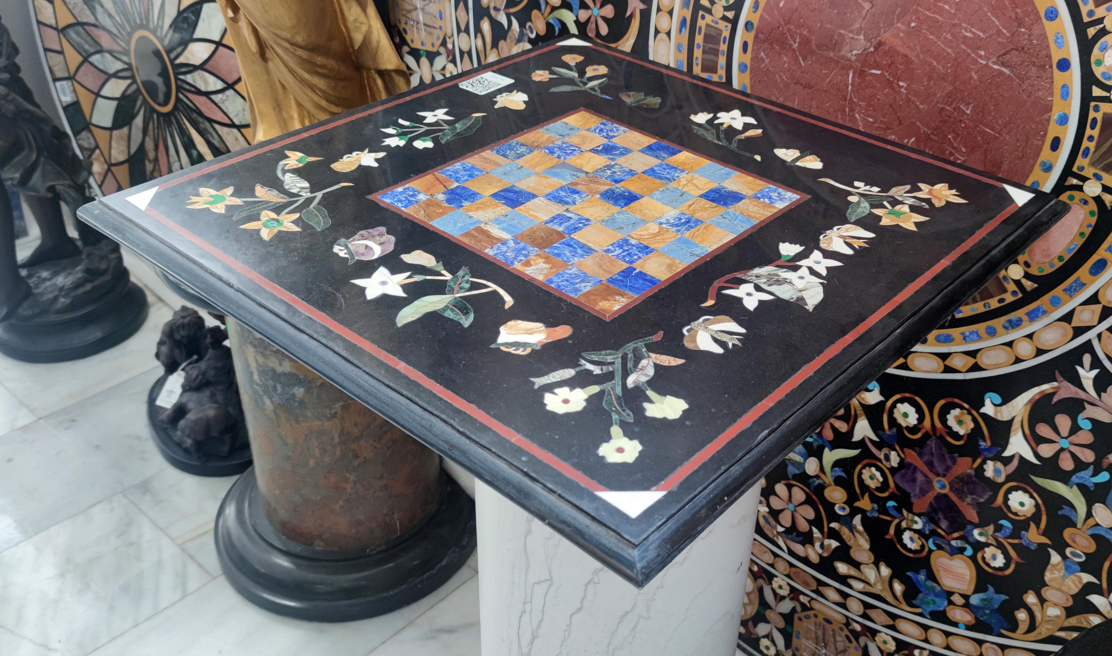 1990s Spanish Pietra Dura inlay mosaic square table top with chess board, handmade with semiprecious gemstones including blue lapis lazuli and green malachite