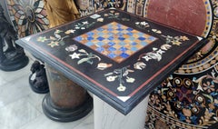1990s Spanish Handmade Pietra Dura Inlay Mosaic Square Table Top W/ Chess Board